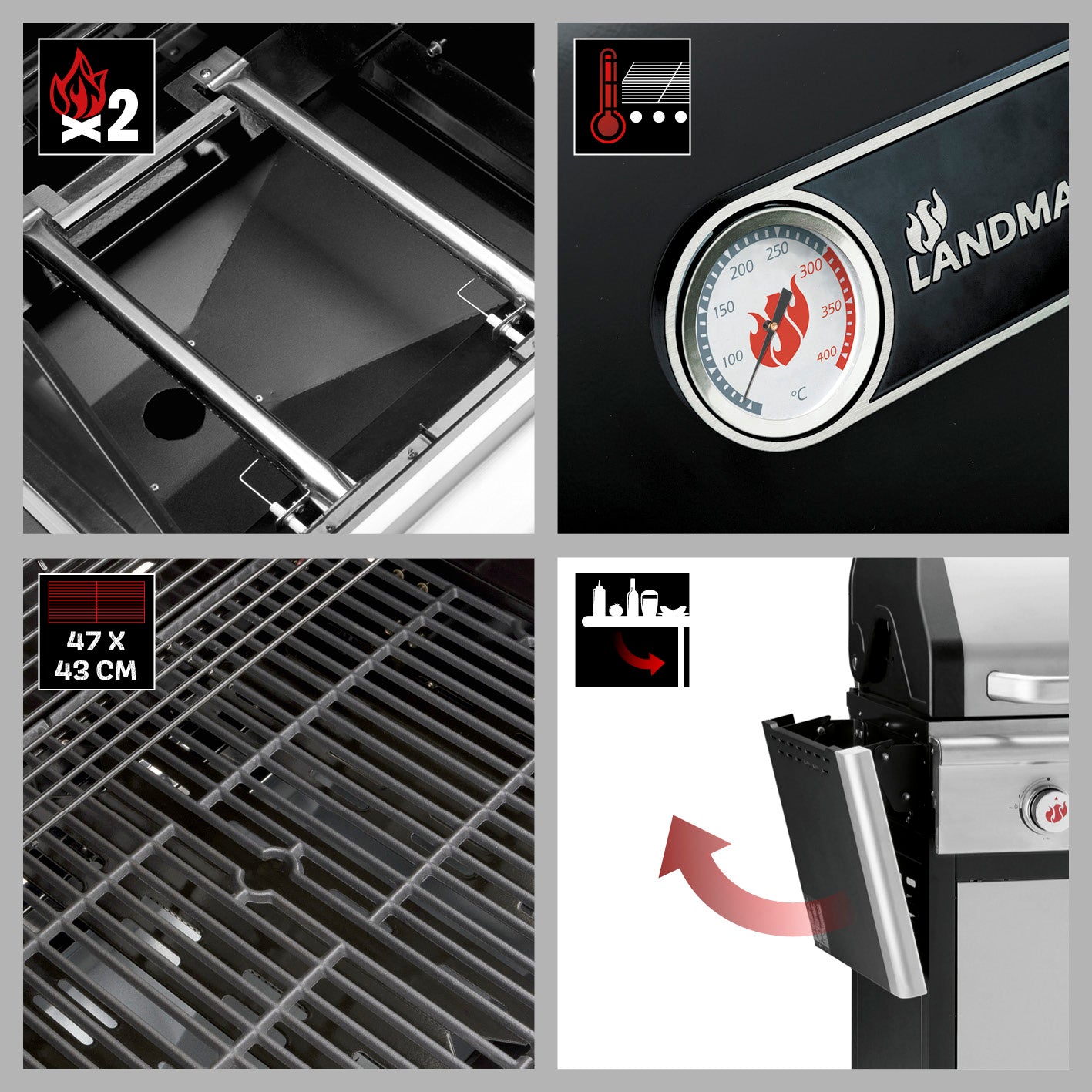 Gasgrill Triton PTS 2.0 - silber mit 2 Edelstahl-Brennern, emailliertem Gusseisenrost und Temperaturanzeige im doppelwandigen Deckel.