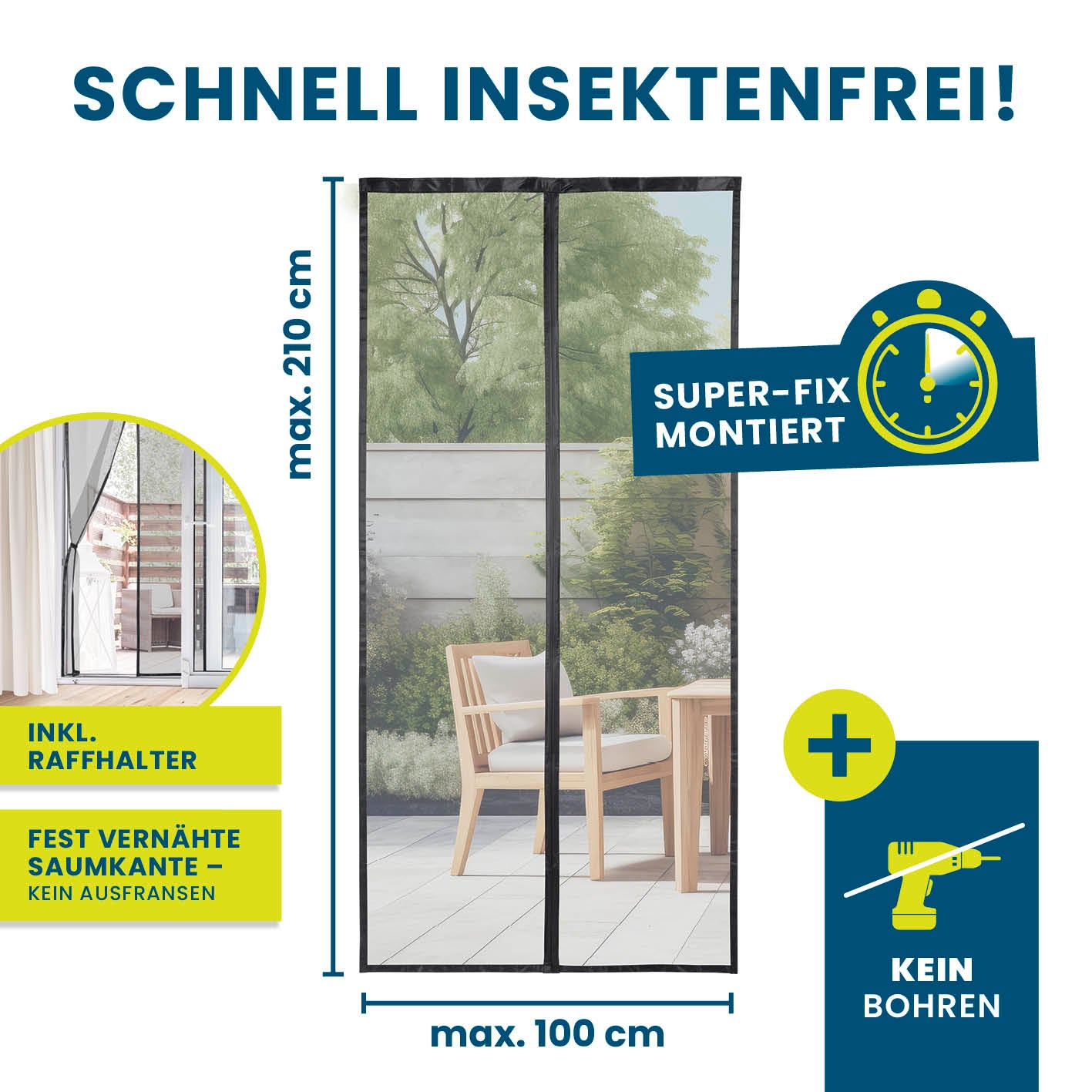 Insektenschutzvorhang - mit XXL-Magnetbändern - 100 x 210 cm, luftdurchlässig, selbstklebend, ohne Bohren, schützt vor Insekten.