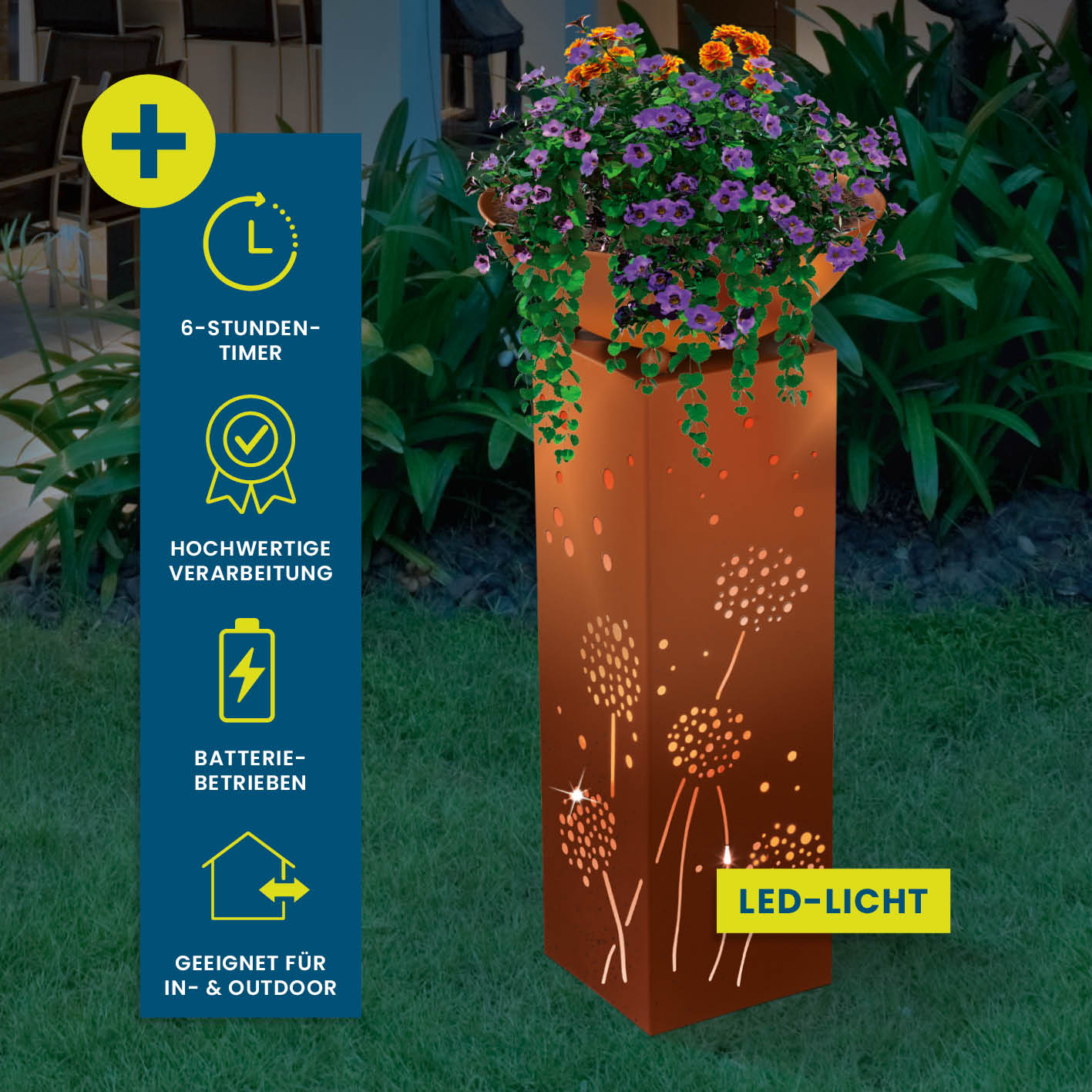 LED Pflanzsäule in Rost-Optik - 19 x 19 x 72 cm mit Pusteblumen-Design, LED-Beleuchtung, Batteriebetrieb und abnehmbarer Pflanzschale.