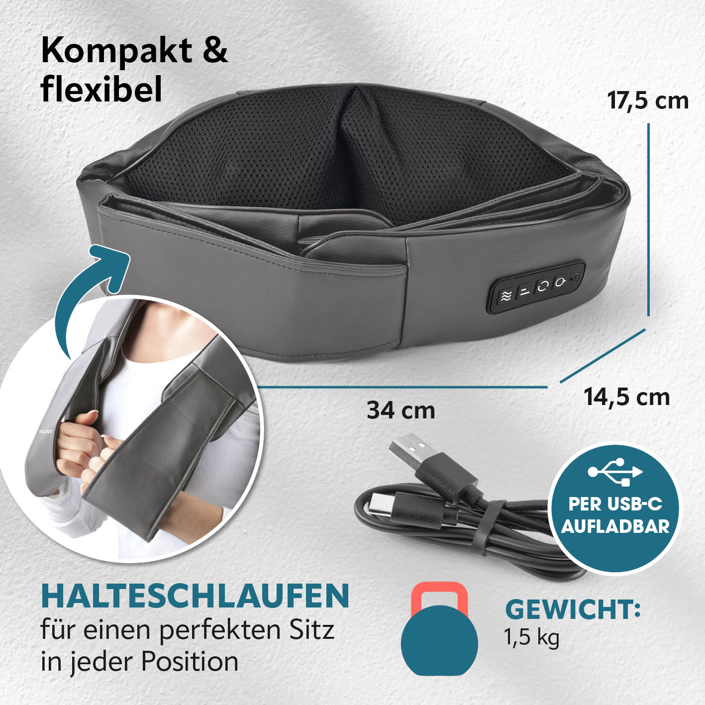 Shiatsu-Massagegerät mit Halteschlaufen, USB-C Ladekabel, kompakt, flexibel und ergonomisch für maximalen Bedienkomfort.