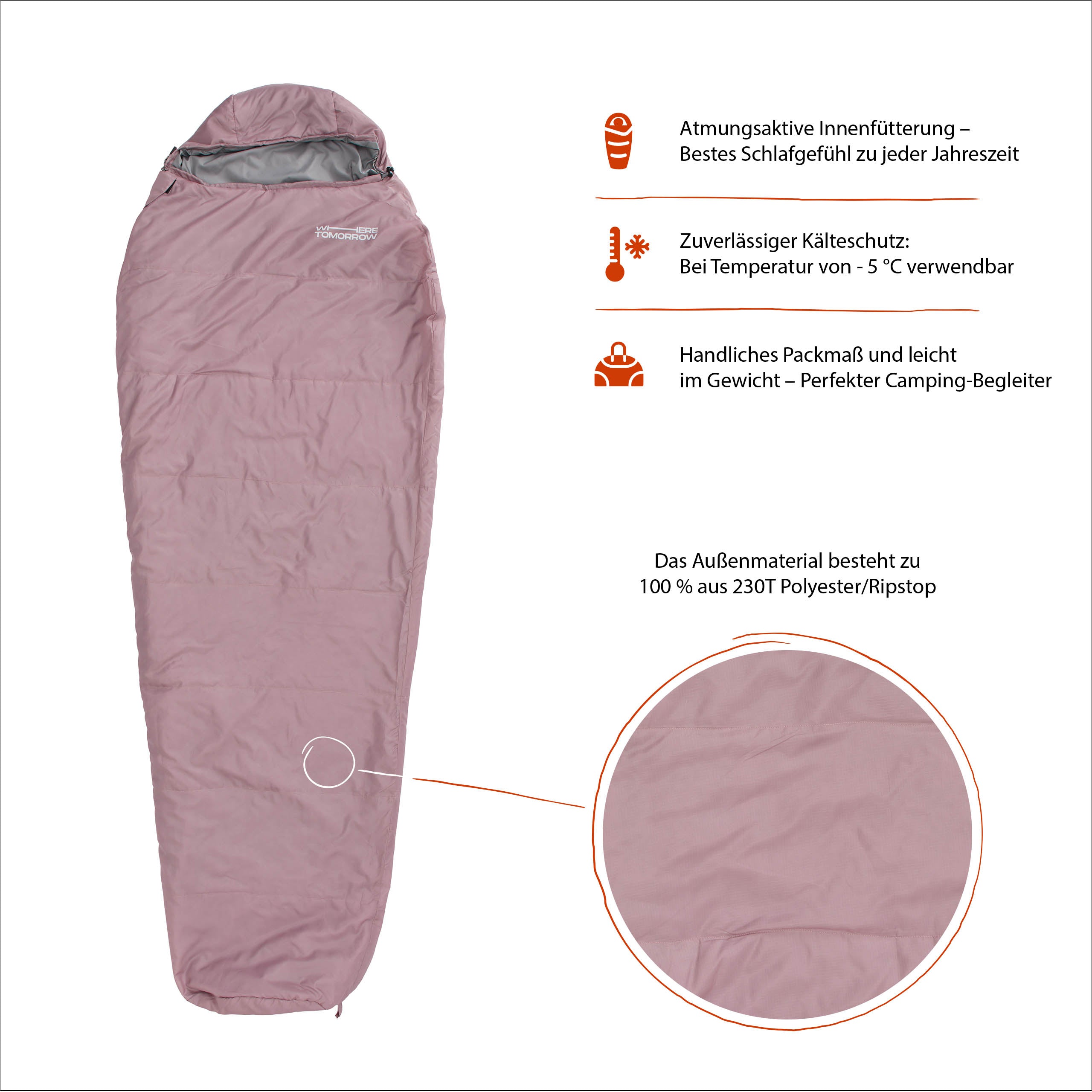 Camping Schlafsack Small & Light - Mumienschlafsack Rose mit wasserabweisendem Außenmaterial, atmunksaktiver Innenfütterung und Packsack.