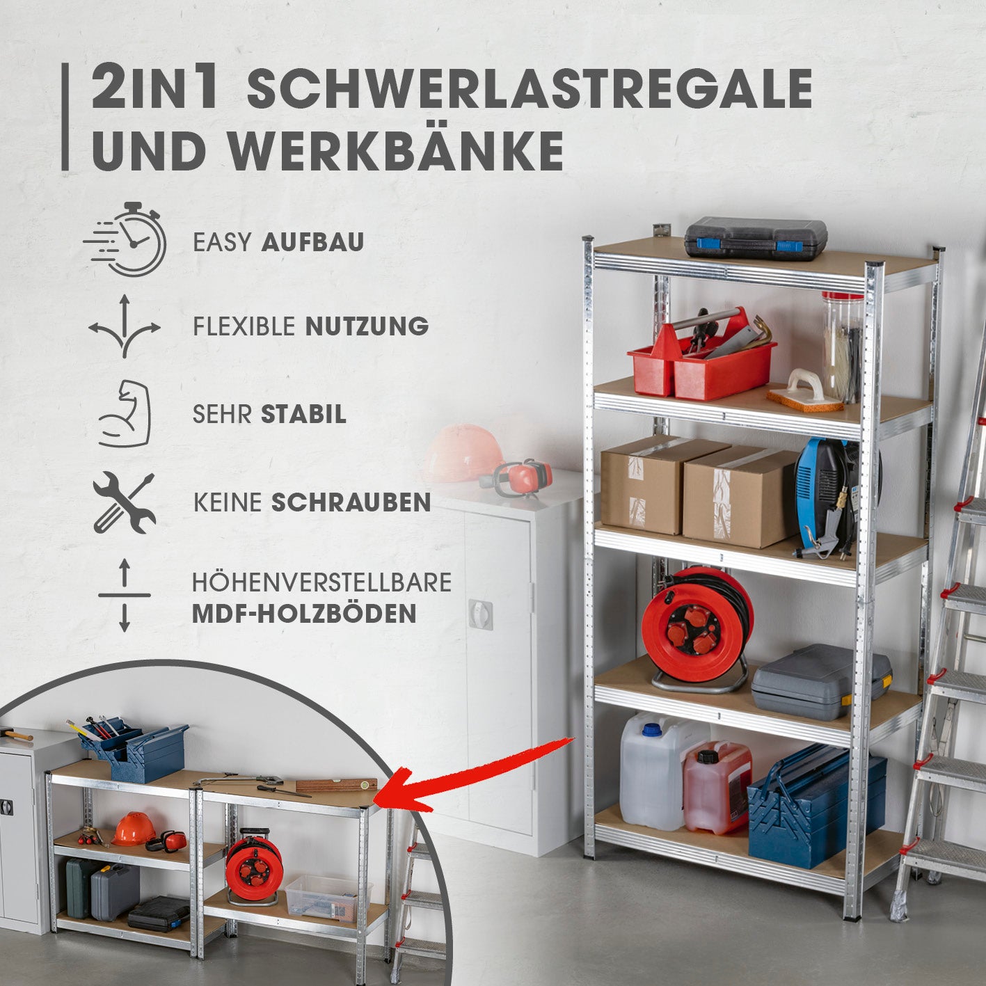 Schwerlastregal & Werkbank 2er-Set 180x90x40 cm mit MDF-Böden, 1750 kg Traglast, einfache Montage ohne Schrauben, flexibel nutzbar.