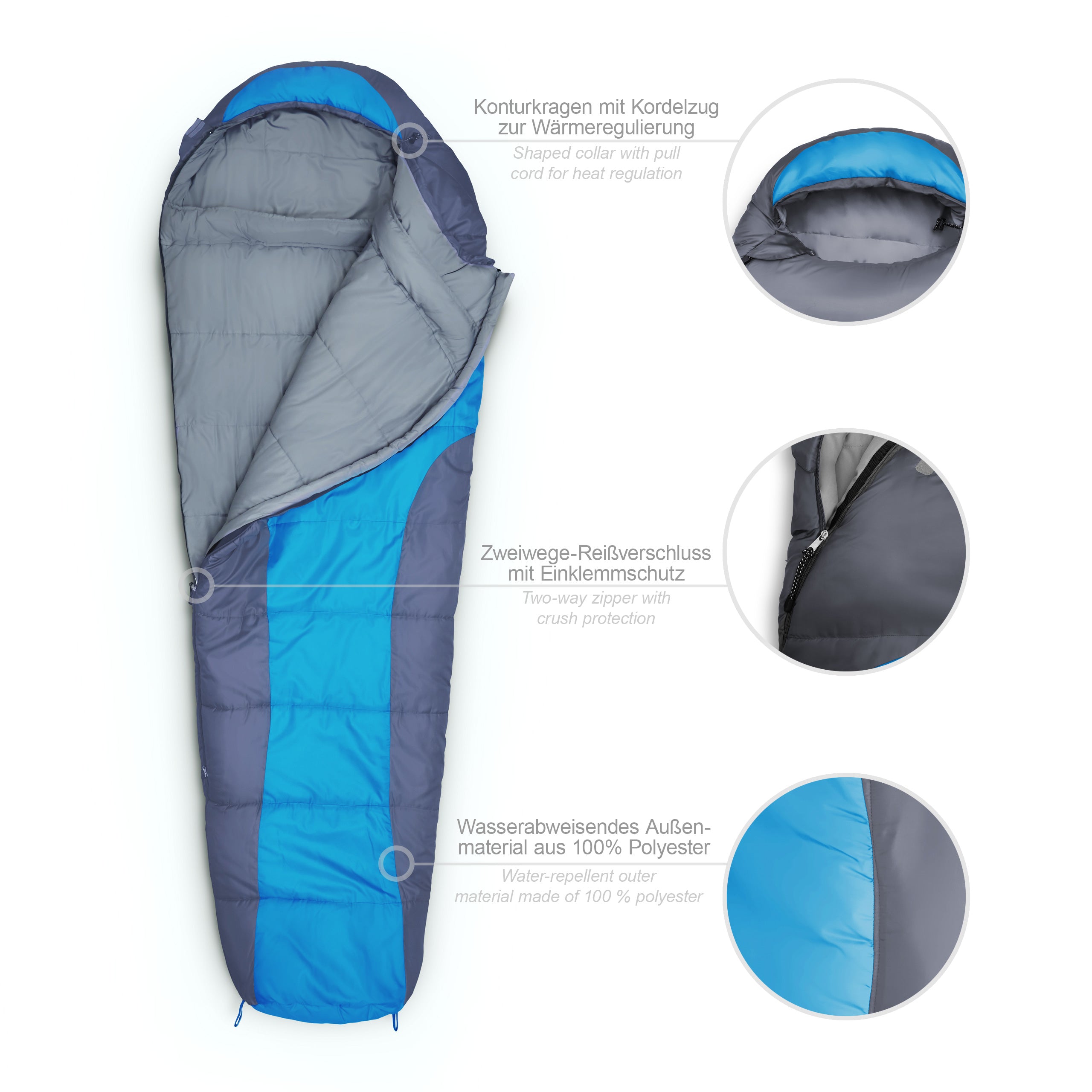 Camping Schlafsack Classic - Mumienschlafsack mit Tasche - 230 x 80 x 55 cm - Blau