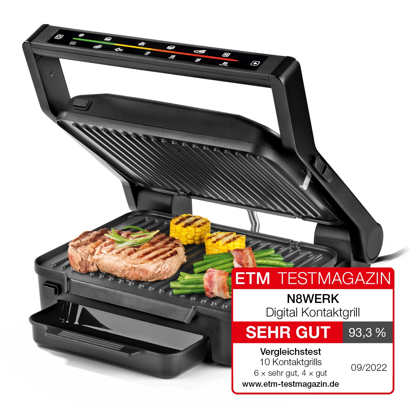 Digital-Kontakt-Grill Midnight Edition mit 2000W, Touch-Display, 6 Grillprogrammen und großer, antihaftbeschichteter Grillplatte.