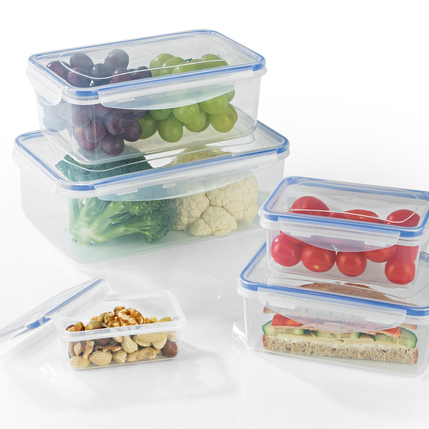 Frischhaltedosen Klick-it 10-tlg. transparent/blau, stapelbar, mikrowellen- und gefrierschrankgeeignet, vielseitig für Gemüse und Snacks.