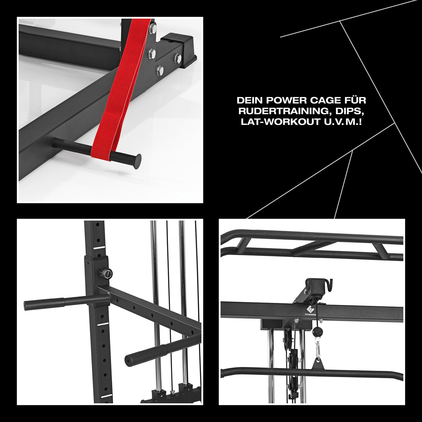Power Rack mit Latzug, Kabelzug, Klimmzugstange, variablen Spottern und Ablage für Hantelscheiben, stabil bis 130 kg.