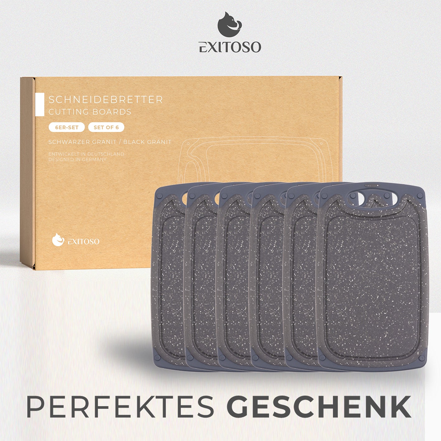 Frühstücksbrettchen - 6er-Set - Marmoroptik Schwarz, rutschfest, spülmaschinenfest, BPA-frei, vielseitig nutzbar mit praktischem Griff.
