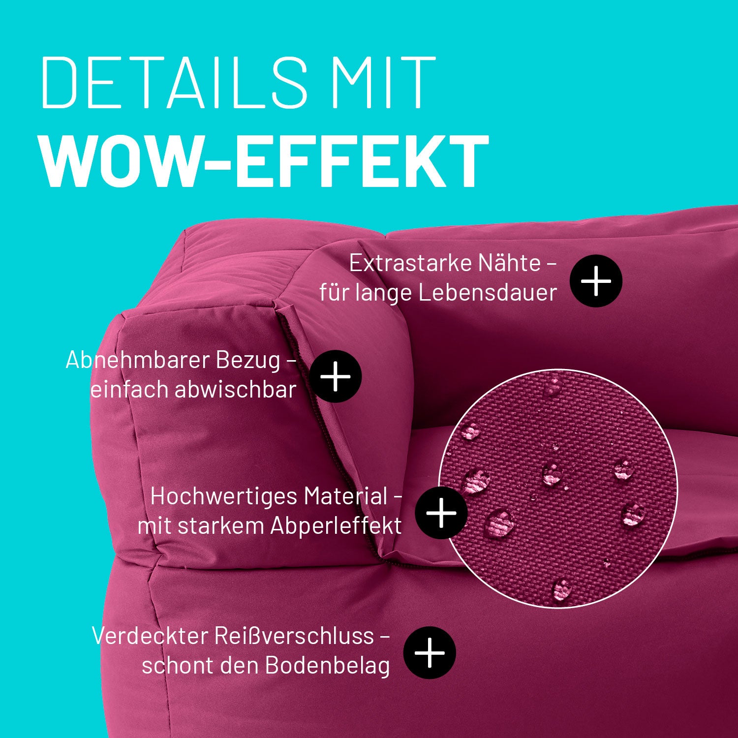 Sitzsack-Sofa Ecke (340 L) - Modulares System - indoor & outdoor - Rotwein mit abnehmbarem Bezug, starken Nähten und verstecktem Reißverschluss.