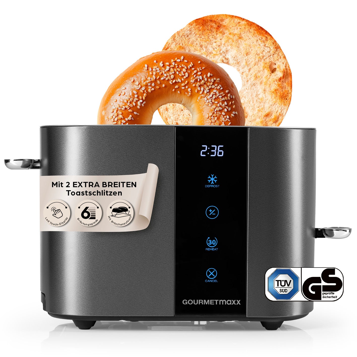 Toaster - Anthrazit mit 2 breiten Toastschlitzen, Touchdisplay, 6 Bräunungsstufen und integriertem Brötchenaufsatz.