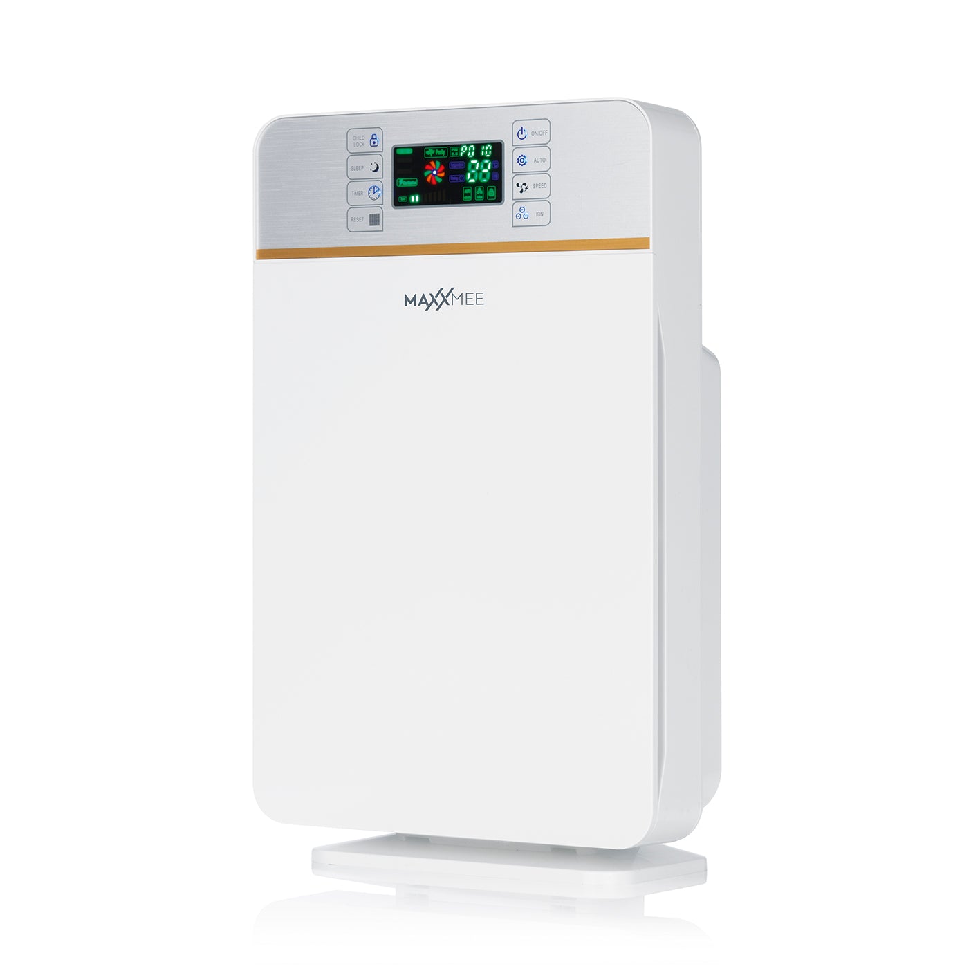 Digitaler-Luftreiniger mit 6-Stufen-Filtersystem, Ionisator, 8-Stunden-Timer, Fernbedienung und leisem Schlafmodus bis 55 dB.