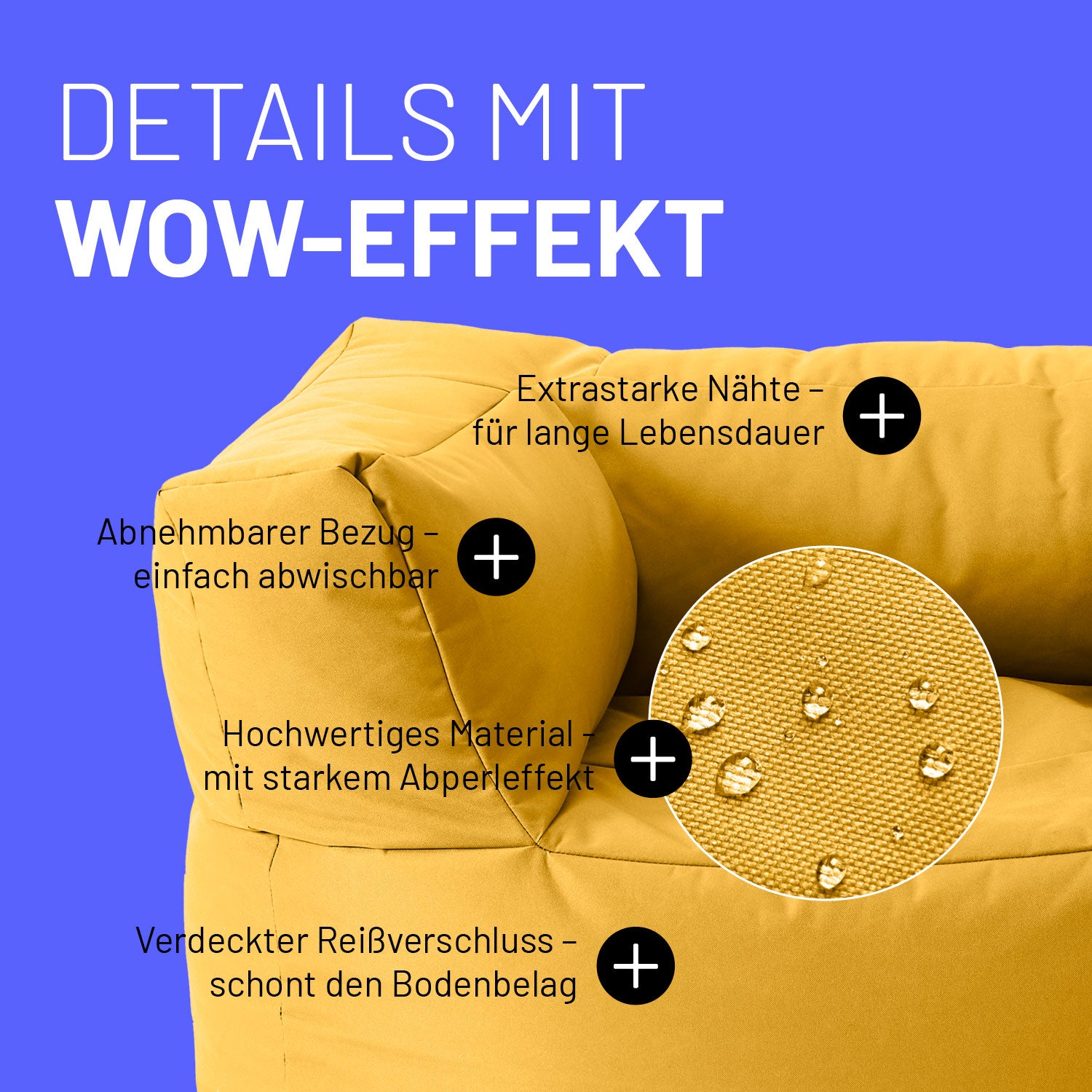 Sitzsack-Sofa Sessel (400 L) - Modulares System - indoor & outdoor - Senfgelb mit abnehmbarem, abwischbarem Bezug und extrastarken Nähten.