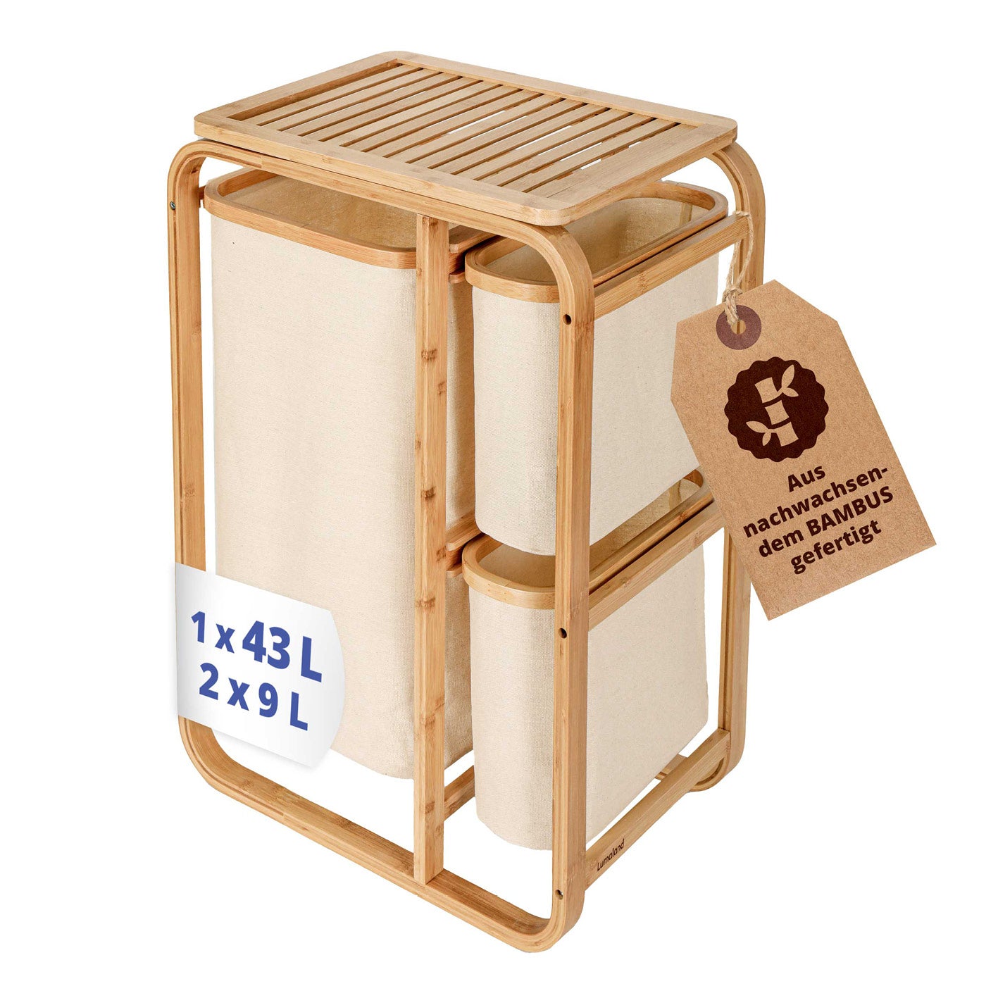 Bambus Wäschekorb - 1 XL Fach + 2 Kompaktfächer - 49,5 x 33 x 71 cm - Beige