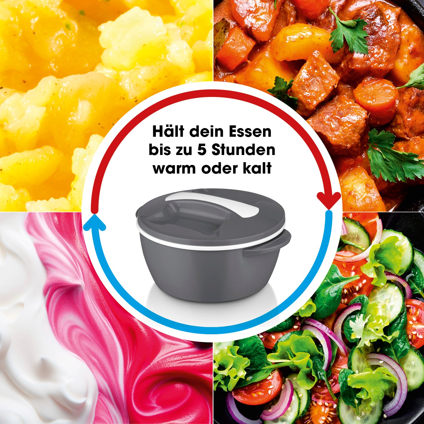 Thermo-Schüssel Mikrowelle - 1400 ml - grau/weiß, doppelwandig mit Edelstahleinsatz, hält Speisen bis zu 5 Stunden warm oder kalt.