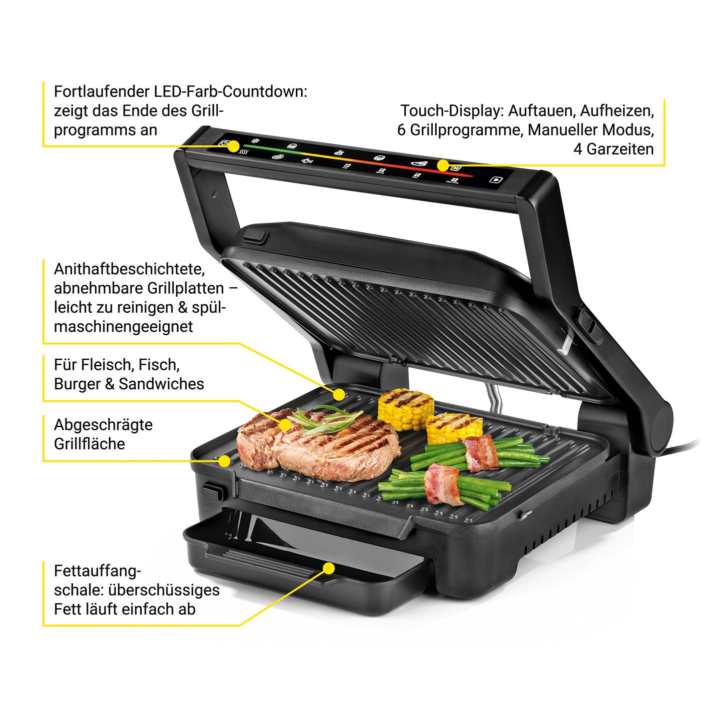 Digital-Kontakt-Grill Midnight Edition mit 2000W, Touch-Display, 6 Grillprogrammen, antihaftbeschichteten Platten und Fettauffangschale.