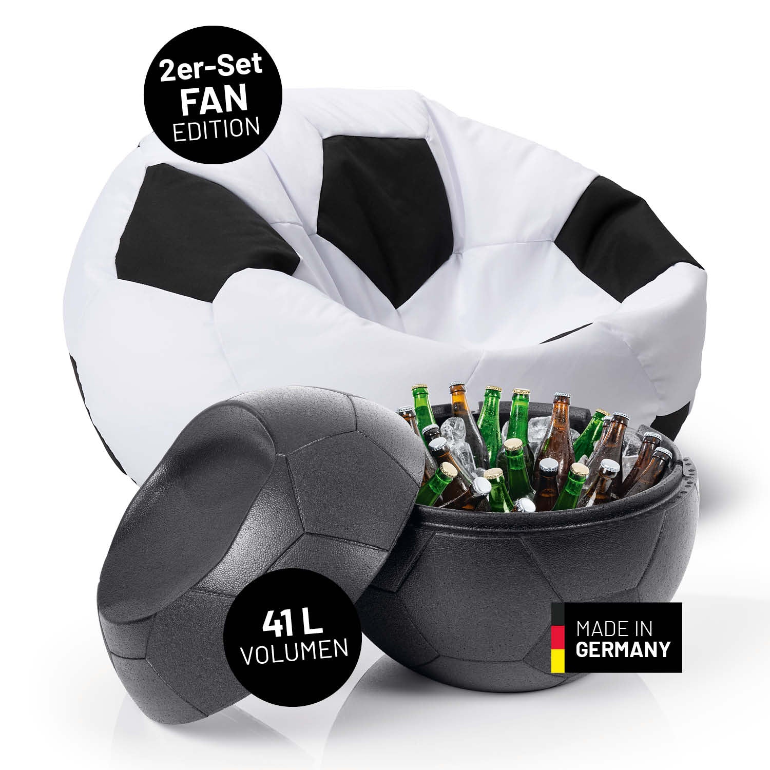 EM 2024 Fan-Lounge 1 + 1 - XXL-Fußball-Sitzsack und Fußball-Sitz-Kühlbox im Fußball-Design, made in Germany.