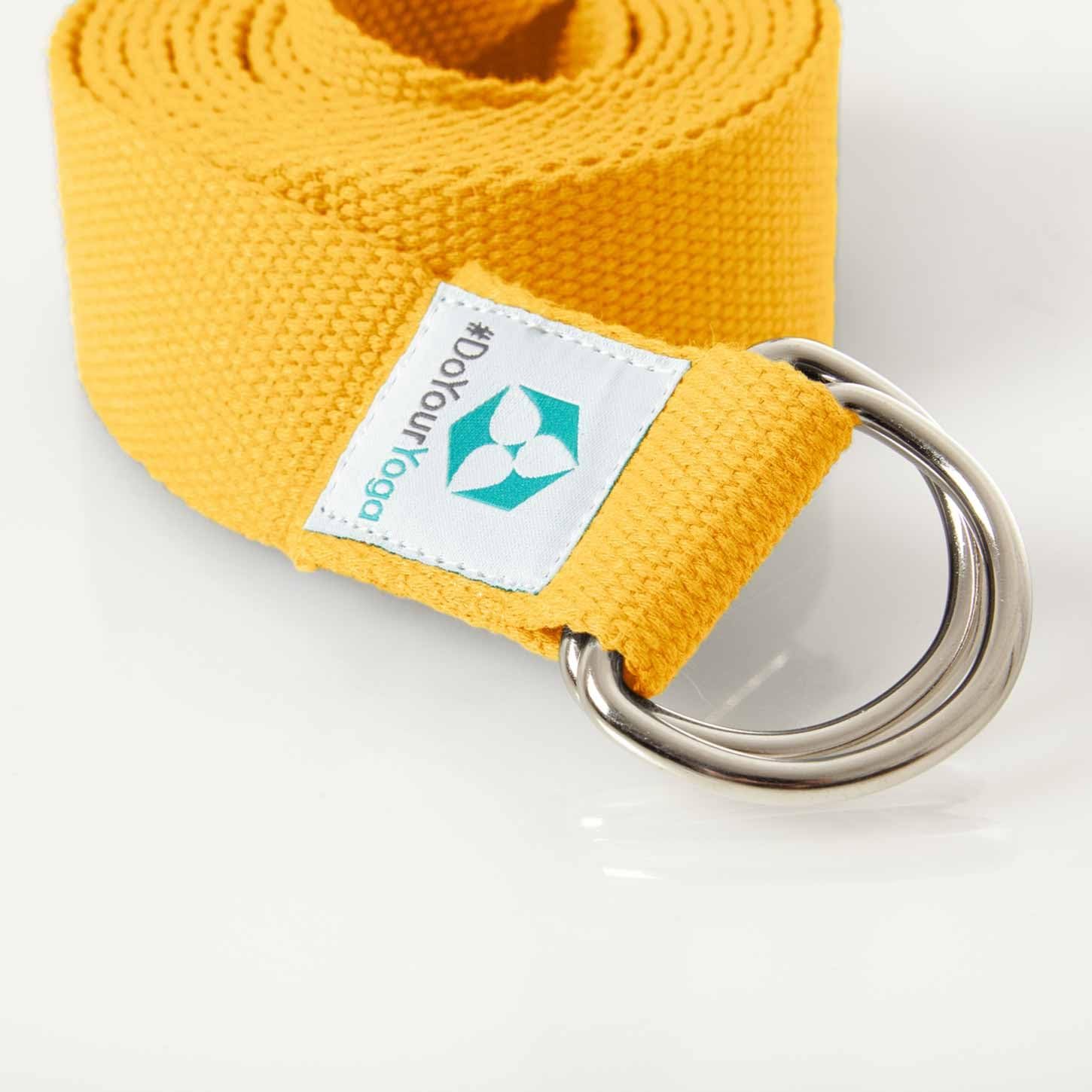 Yogagurt Madira - 250 x 3,8 cm - Gelb, leichter Yoga-Gurt für bessere Dehnung und einfache Aufbewahrung durch Zusammenrollen.