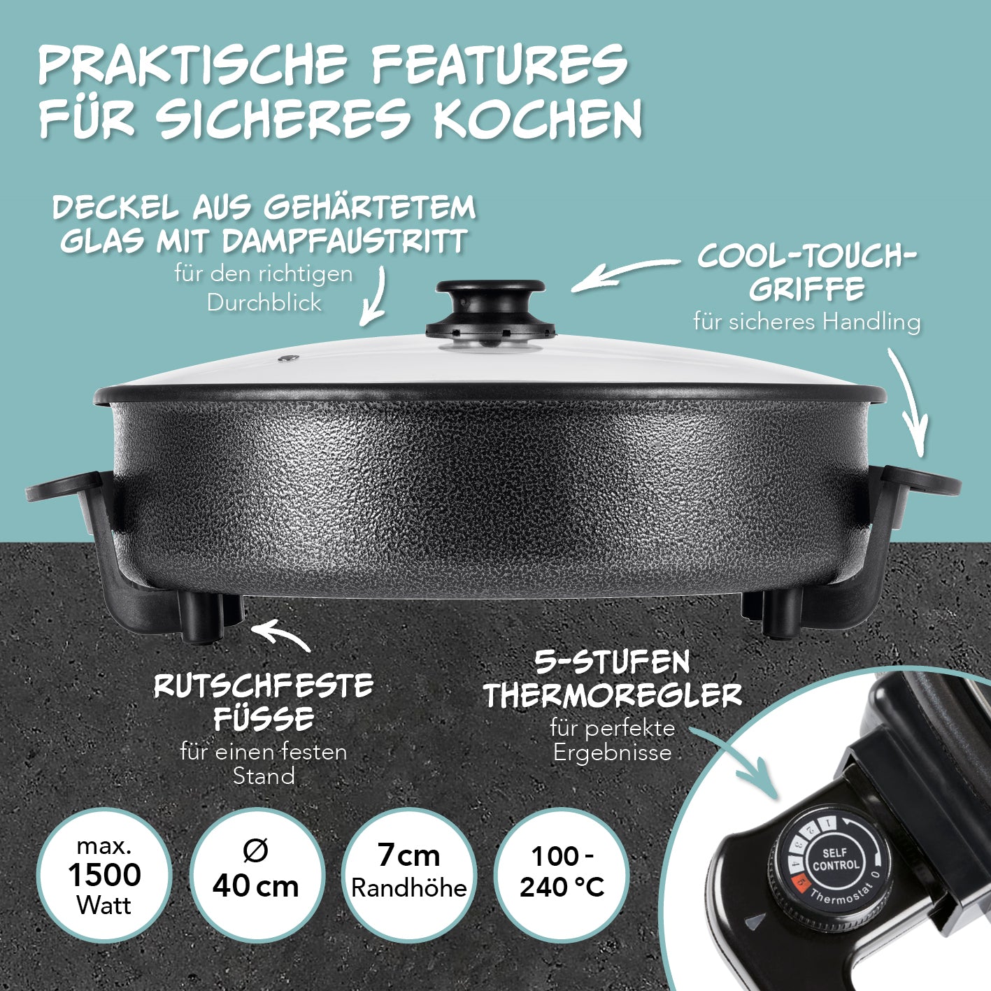 Pizza-Pfanne mit Deckel - Elektrisch 1500W - schwarz