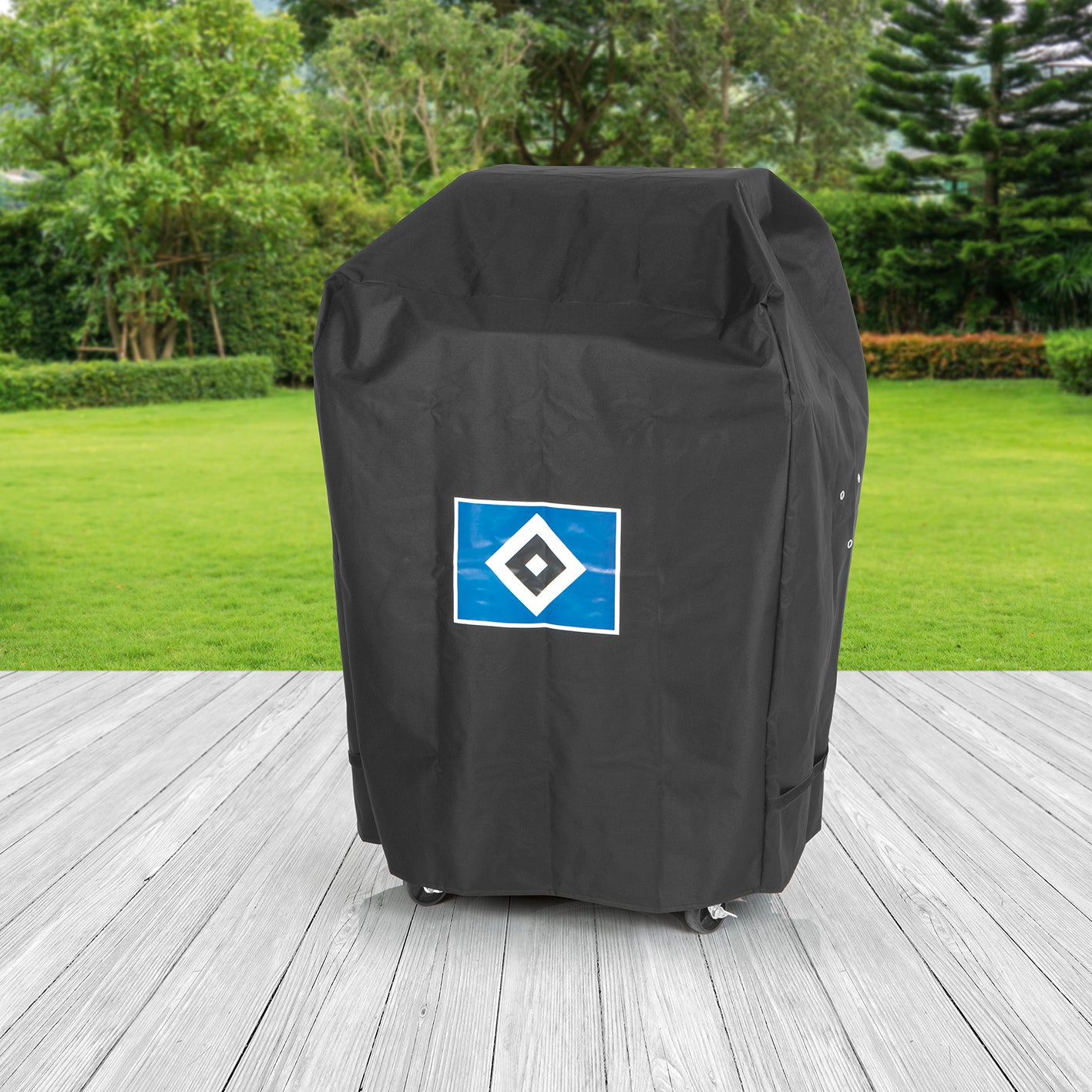 Wetterschutzhaube M - schwarz mit Logo, robustes Polyester, wasserdicht, atmungsaktiv, UV-beständig und kältebeständig bis -20°C.