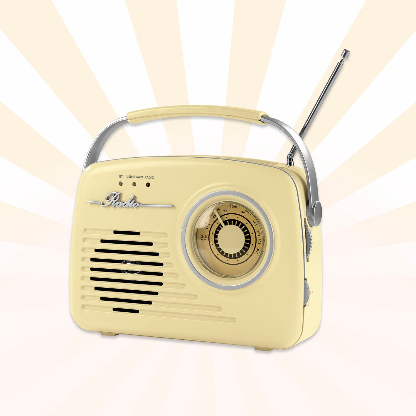 Radio Retro - Vanille batteriebetriebenes 50er Jahre AM/FM Radio mit Bluetooth, Tragegriff, Teleskopantenne und AUX-Anschluss.