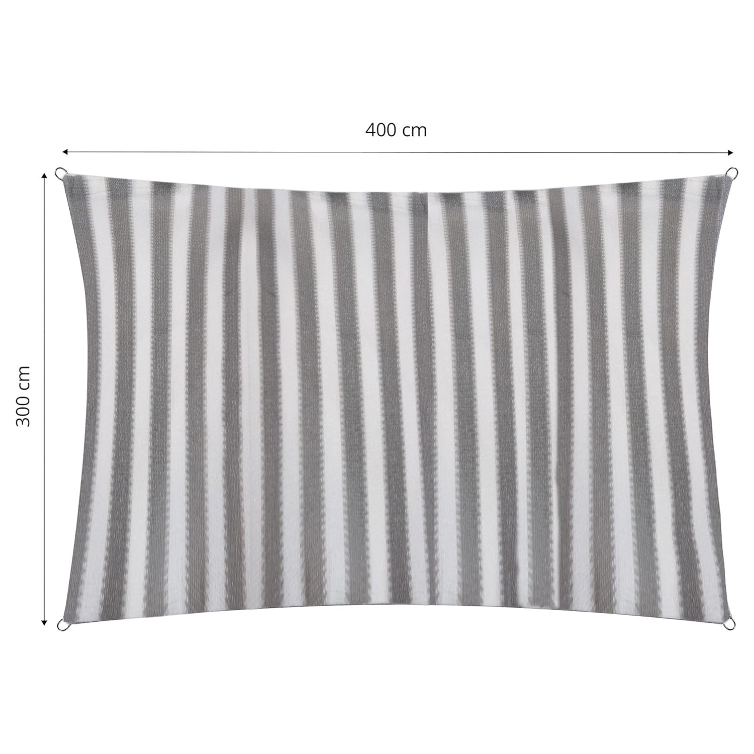 Sonnensegel 100% HDPE mit Stabilisator für UV-Schutz - Rechteck 3 x 4 Meter - Grau/Weiß mit robusten Eckringen und Befestigungsseilen.