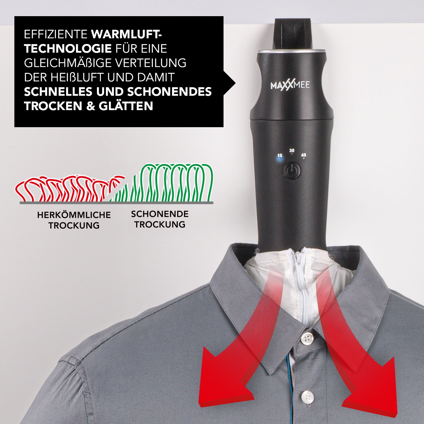 Hemden- & Blusenbügler Kompakt - schwarz/silber mit Warmluft-Technologie für schnelles, schonendes Trocknen und Glätten von Textilien.