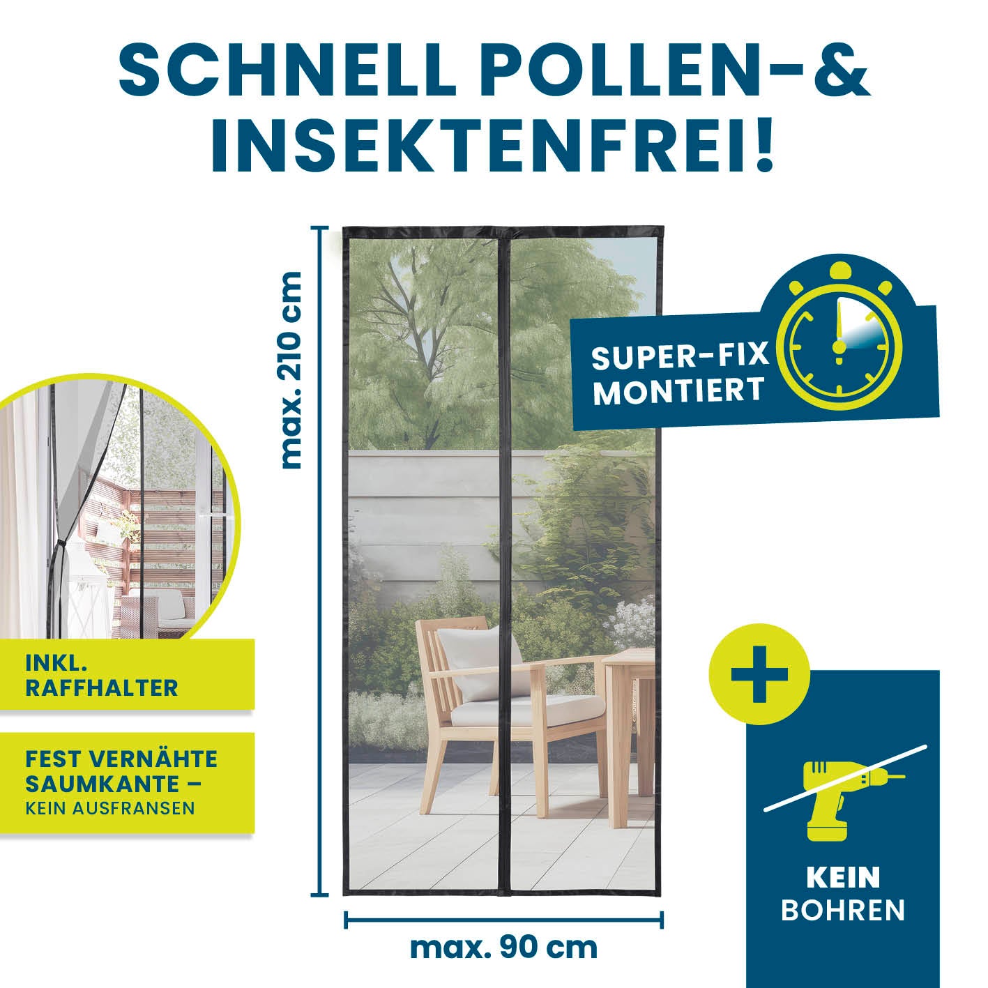 Insekten- & Pollenschutzvorhang – 90 x 210 cm, lichtdurchlässig, selbstschließend, mit Klettband, schnell montiert ohne Bohren, HOBERG Marke.