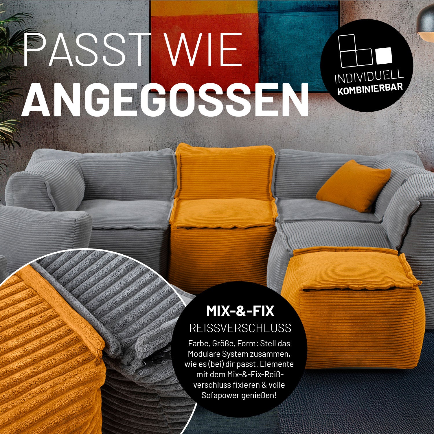 Modulares Eckteil rechts aus der Cord-Reihe - Grau mit waschbarem Bezug, robustem Boden und individuellem Mix-&-Fix Reißverschluss.