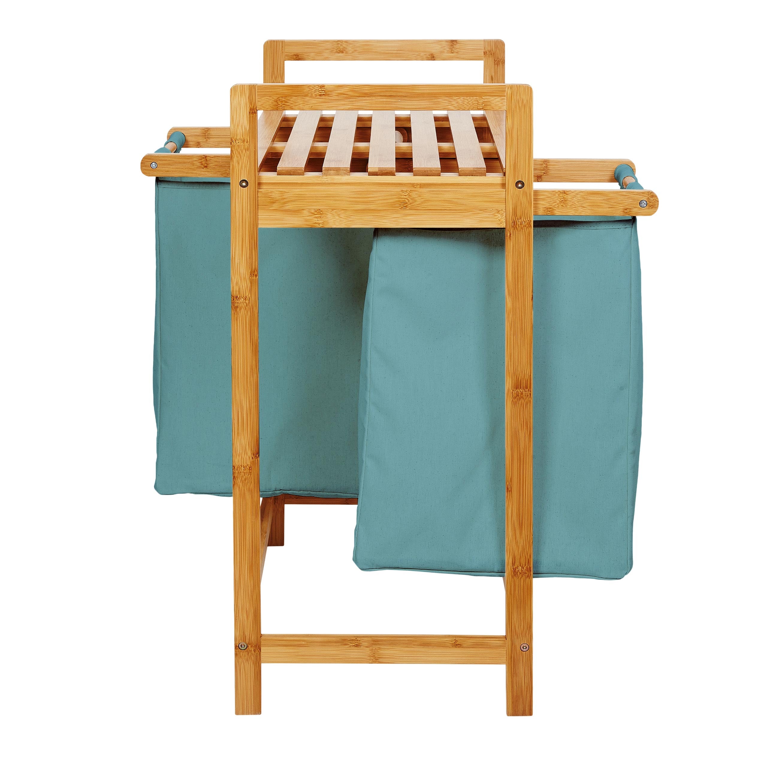 Bambus Wäschekorb mit 2 ausziehbaren Babyblauen Wäschesäcken, 73 x 64 x 33 cm, stilvoll, platzsparend und pflegeleicht.