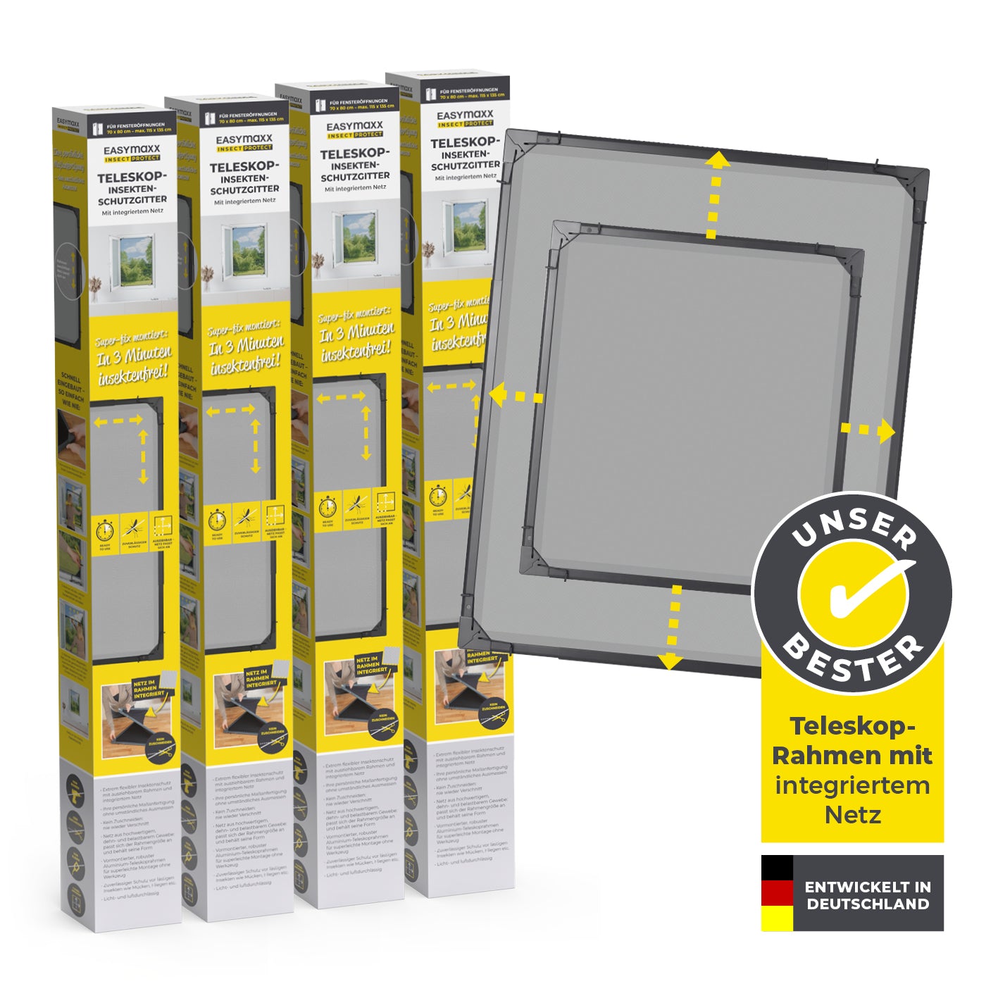 Teleskop-Insektenschutzgitter mit integriertem Netz - 4er-Set, flexibler Teleskoprahmen, schnelle Montage, anthrazit, witterungsbeständig.