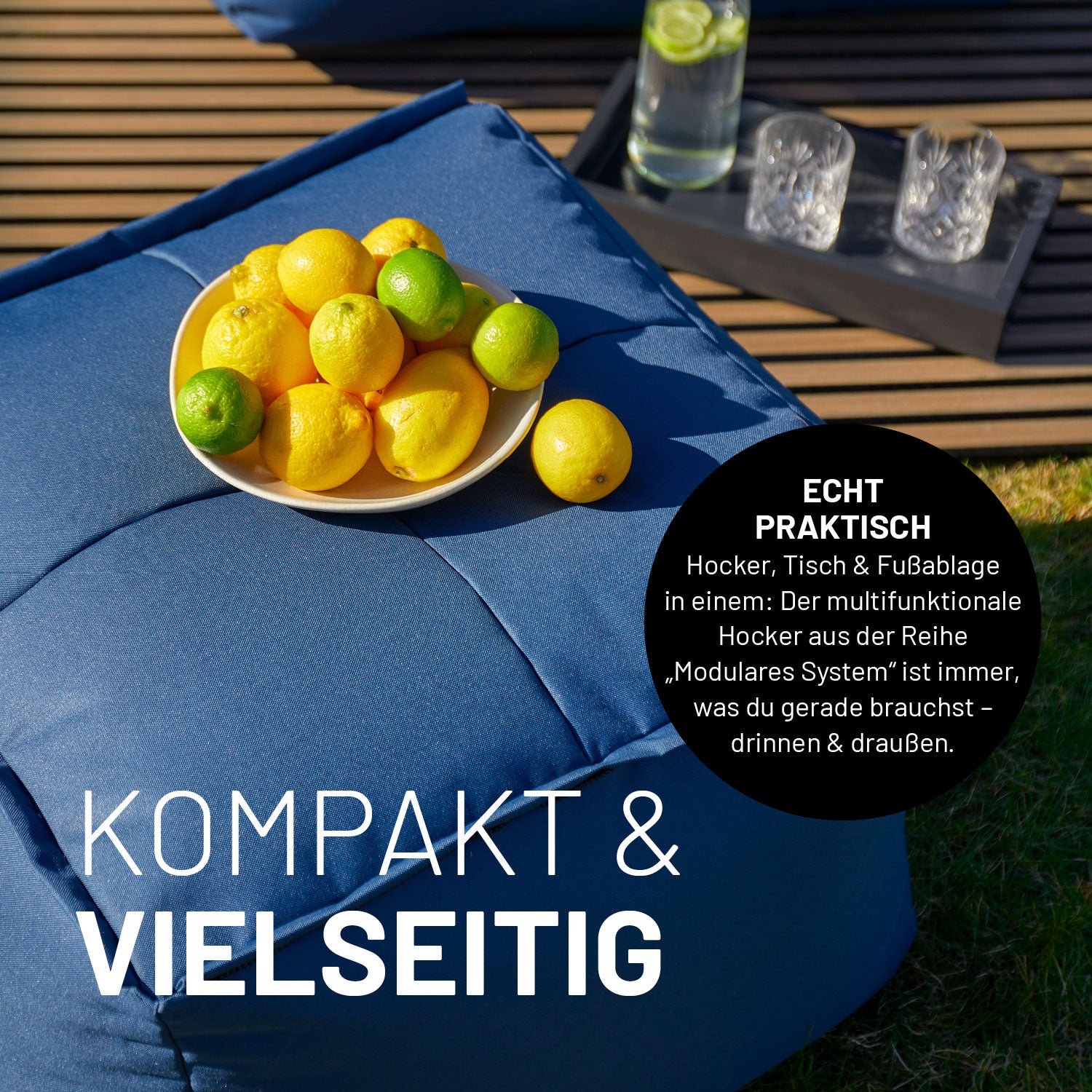 Sitzsack-Hocker (200 L) in Navyblau, modular, vielseitig nutzbar als Hocker, Tisch und Fußablage, indoor & outdoor geeignet.