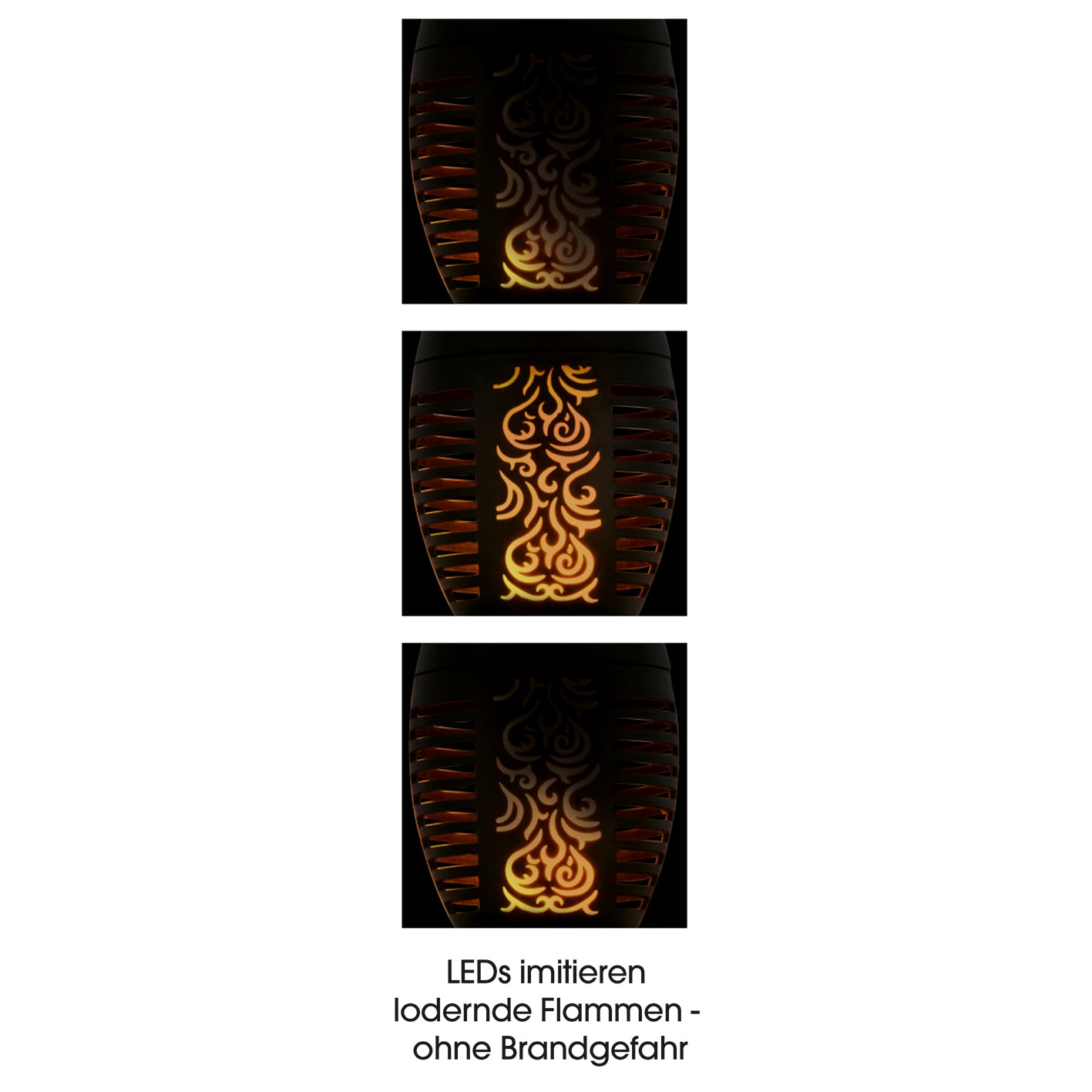 Solar-Fackel mit LED-Flammeneffekt - schwarz mit leuchtendem Flammendesign und integriertem Tageslichtsensor für automatisches Einschalten bei Dämmerung.