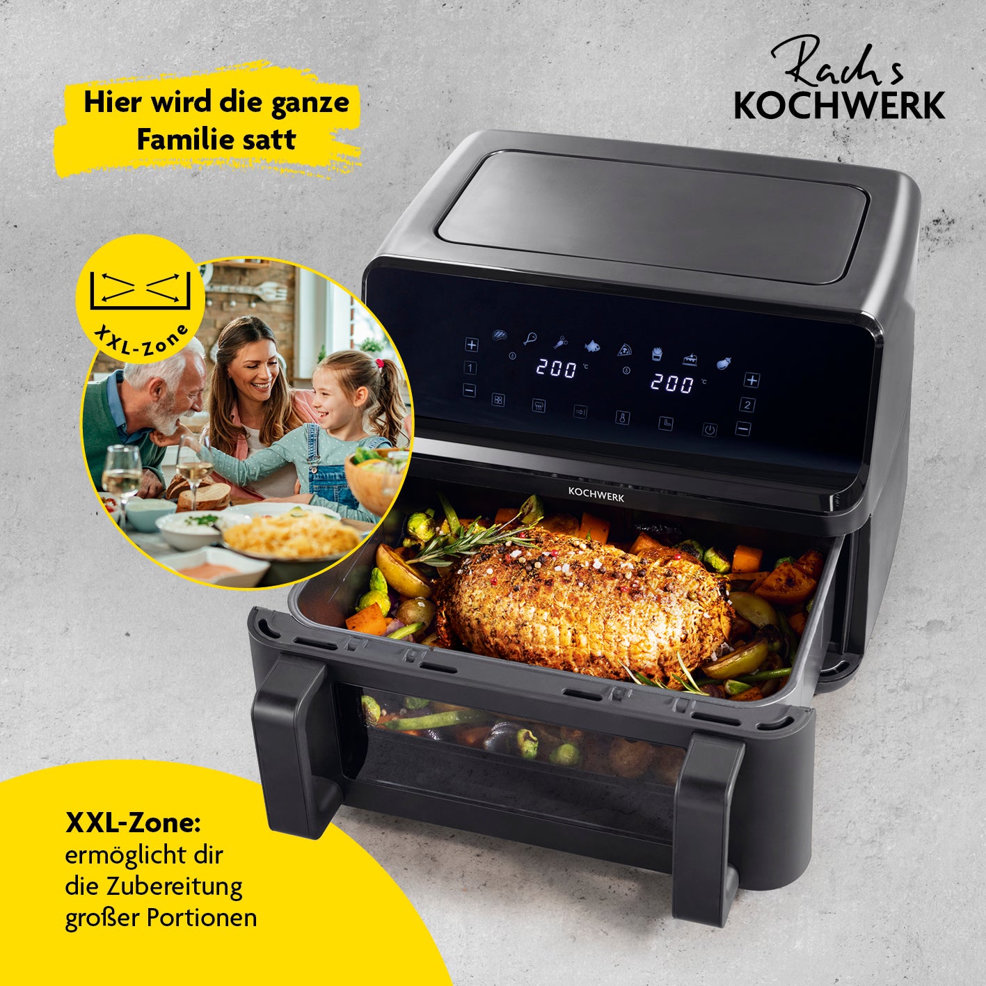 Heißluft-Fritteuse Vario-Doppelkammer 9l mit XXL-Zone für große Portionen, duale Zubereitung und digitale Steuerung.