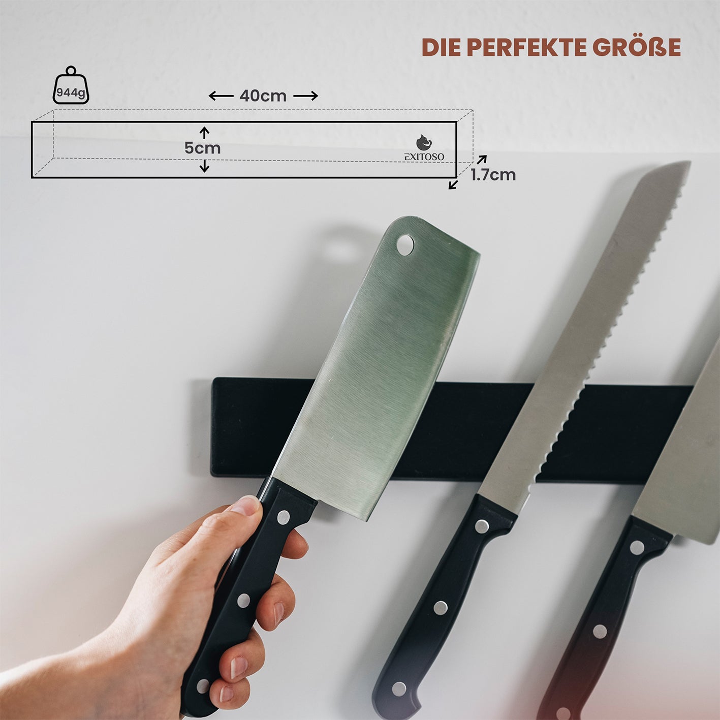 Messer-Magnetleiste - selbstklebend - 40 cm aus schwarzem Silikon mit starkem Magnet für Messer und Küchenwerkzeuge.
