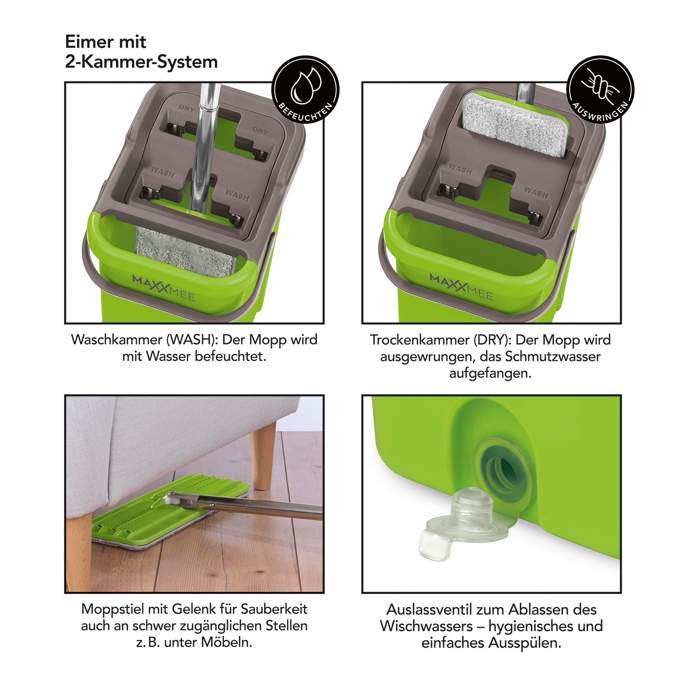 Komfort-Mopp Smart 7,5 l Eimer mit 2-Kammer-System zum feuchten Wischen und Auswringen ohne Bücken, ideal für empfindliche Böden.