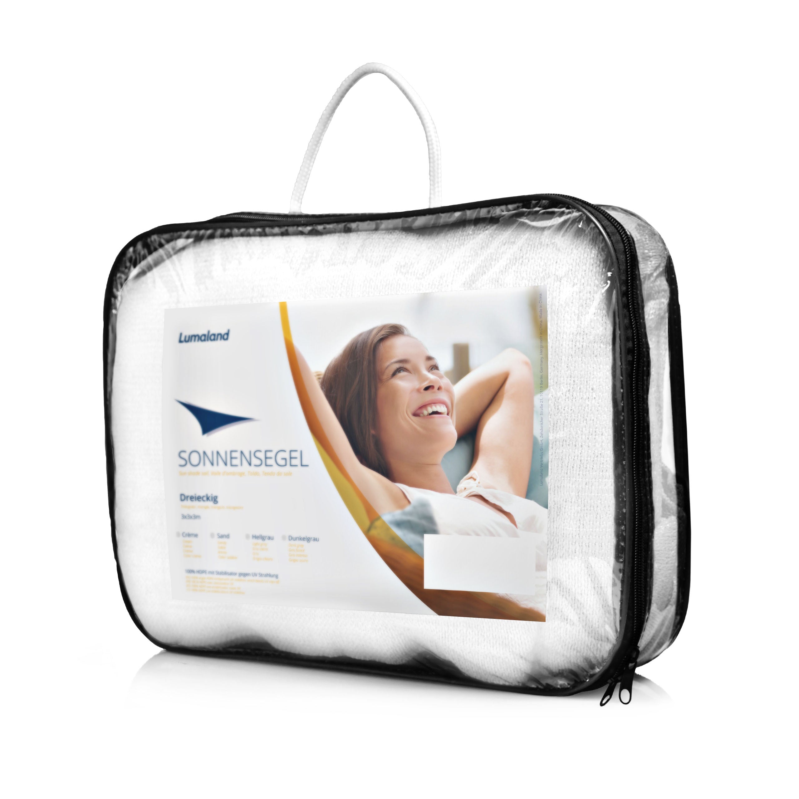 Verpacktes Sonnensegel 100% HDPE mit Stabilisator für UV-Schutz, Dreieck 3 x 3 x 3 Meter, Weiß, inklusive Befestigungsseile.