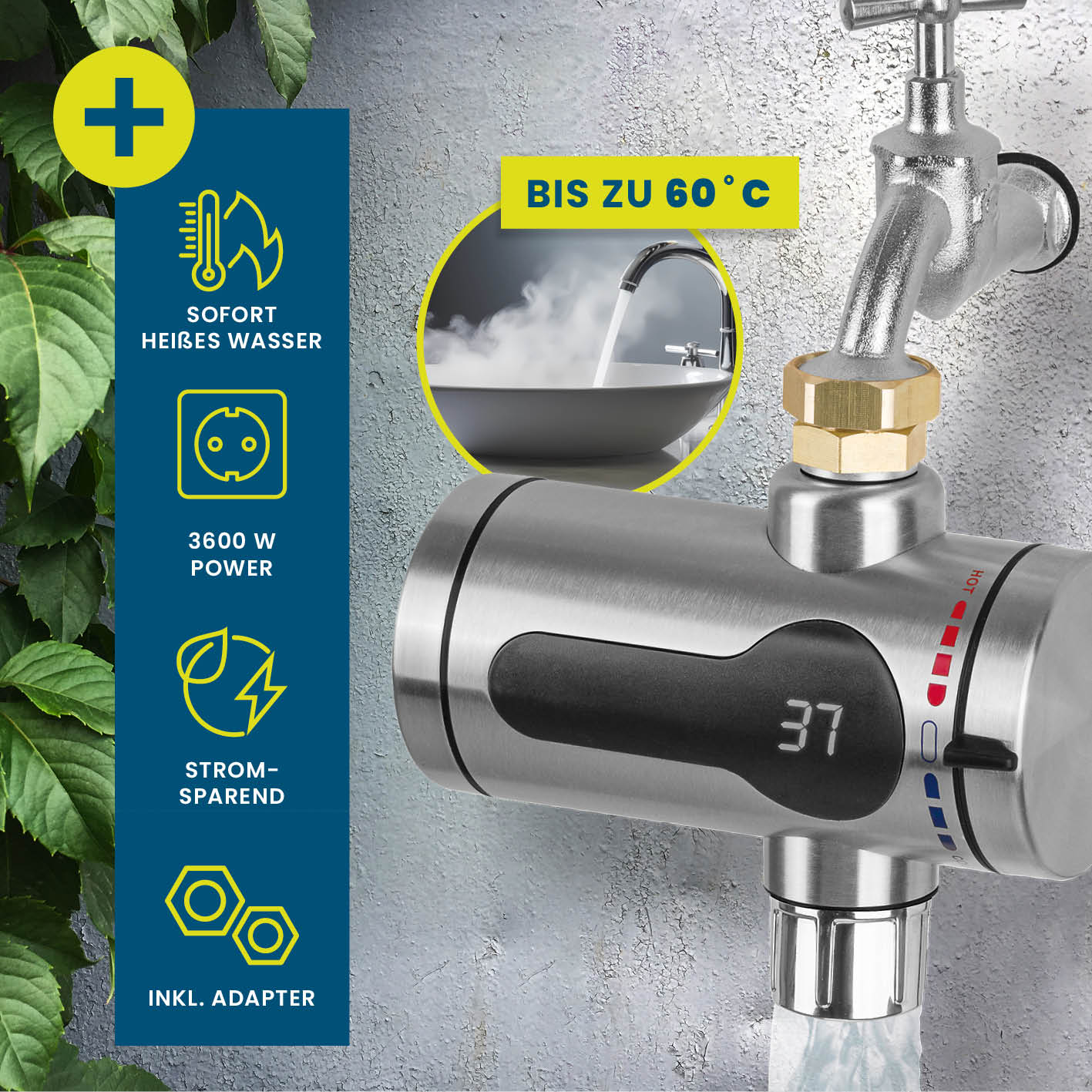 Universal-Durchlauferhitzer aus Edelstahl mit LED-Display, bis zu 60° warmes Wasser sofort, inkl. Adapter, energieeffizient und leistungsstark.