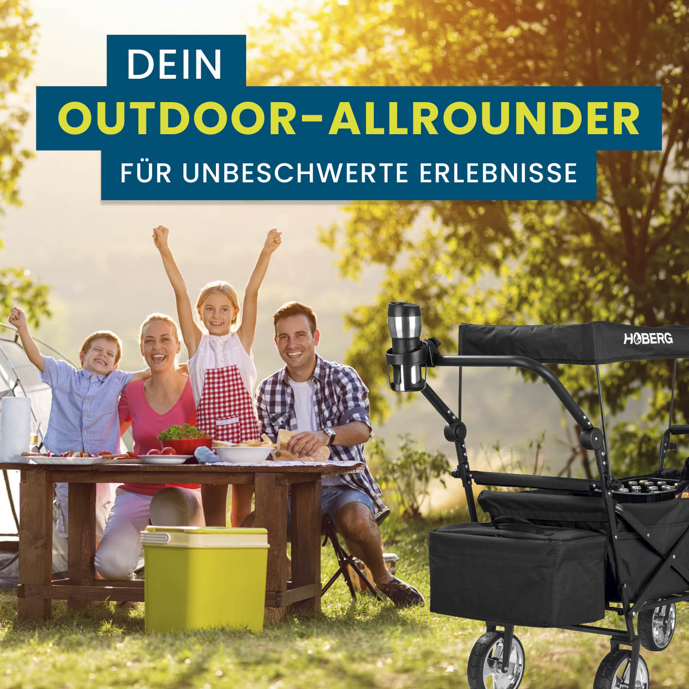 Faltbarer Bollerwagen - Schwarz mit stabilem Nylonbezug, Kühltasche, wasserfestem Dach und 360°-Rädern für Outdoor-Ausflüge bis 80 kg.