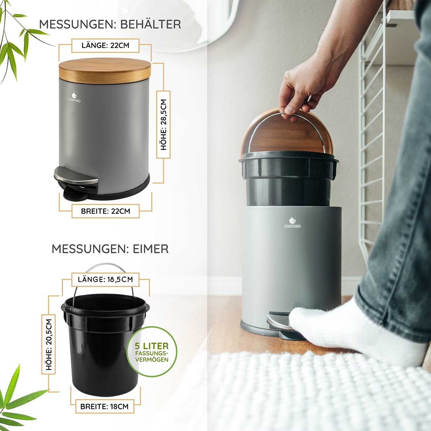 Tretmülleimer mit Softclose-Deckel - 5 l - Grau, kompakt, mit Bambusdeckel, Maße 22x28,5 cm, herausnehmbarer Inneneimer 5 Liter Fassungsvermögen.