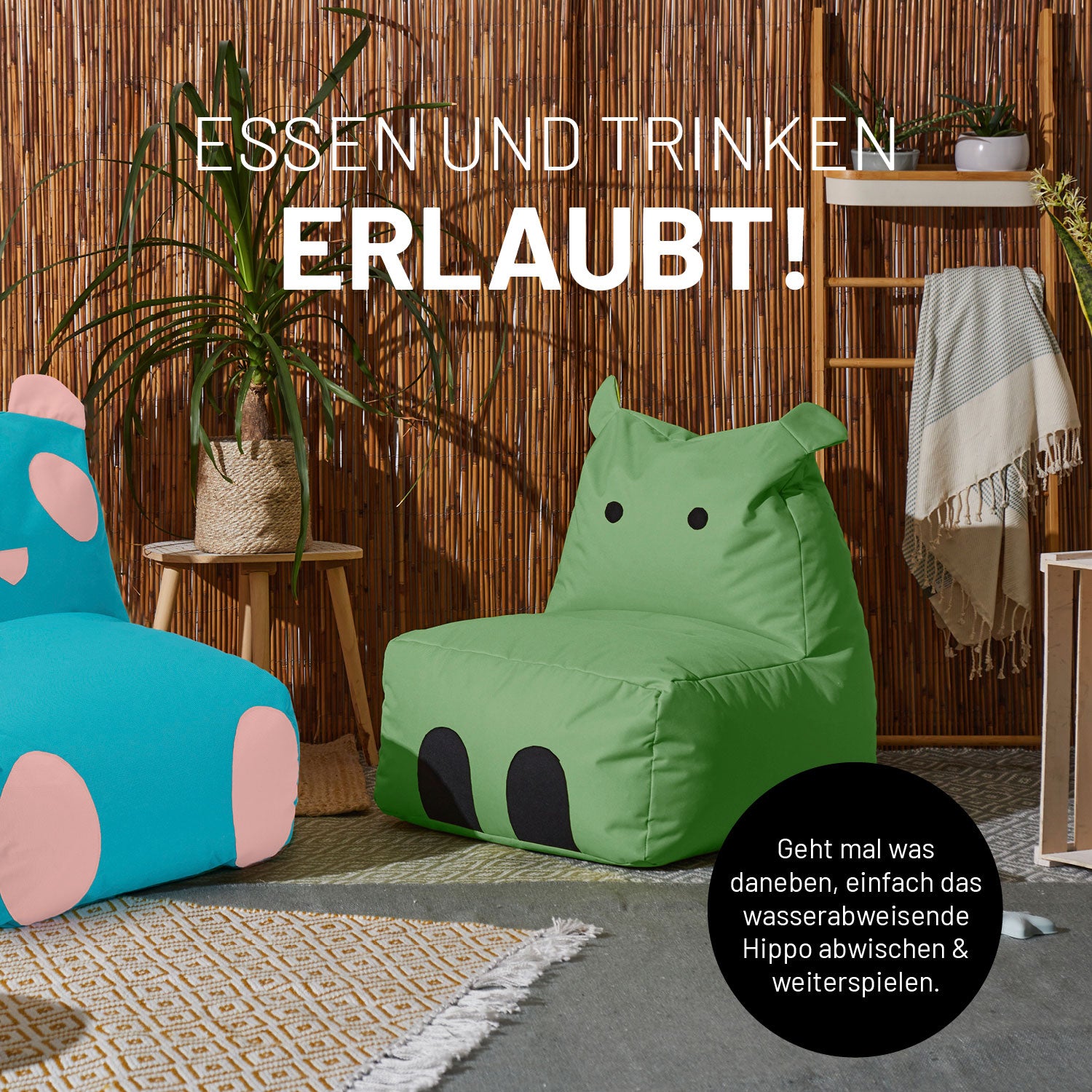 Kindersitzsack Animal Line Hippo (200 L) in Türkis, wasserabweisend, weich, indoor & outdoor, mit verdecktem Reißverschluss, LUMALAND Qualität.