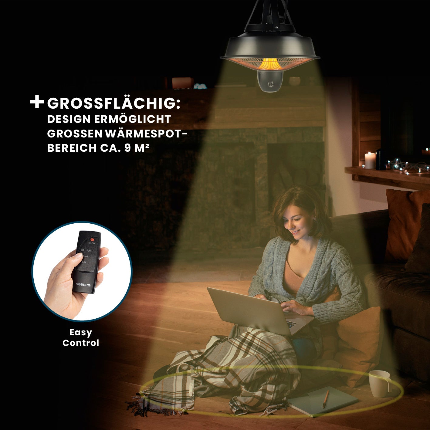 Infrarot-Deckenheizstrahler mit 3 Heizstufen, Fernbedienung, großflächigem Wärmebereich ca. 9 m² und sicherer Aufhängung.