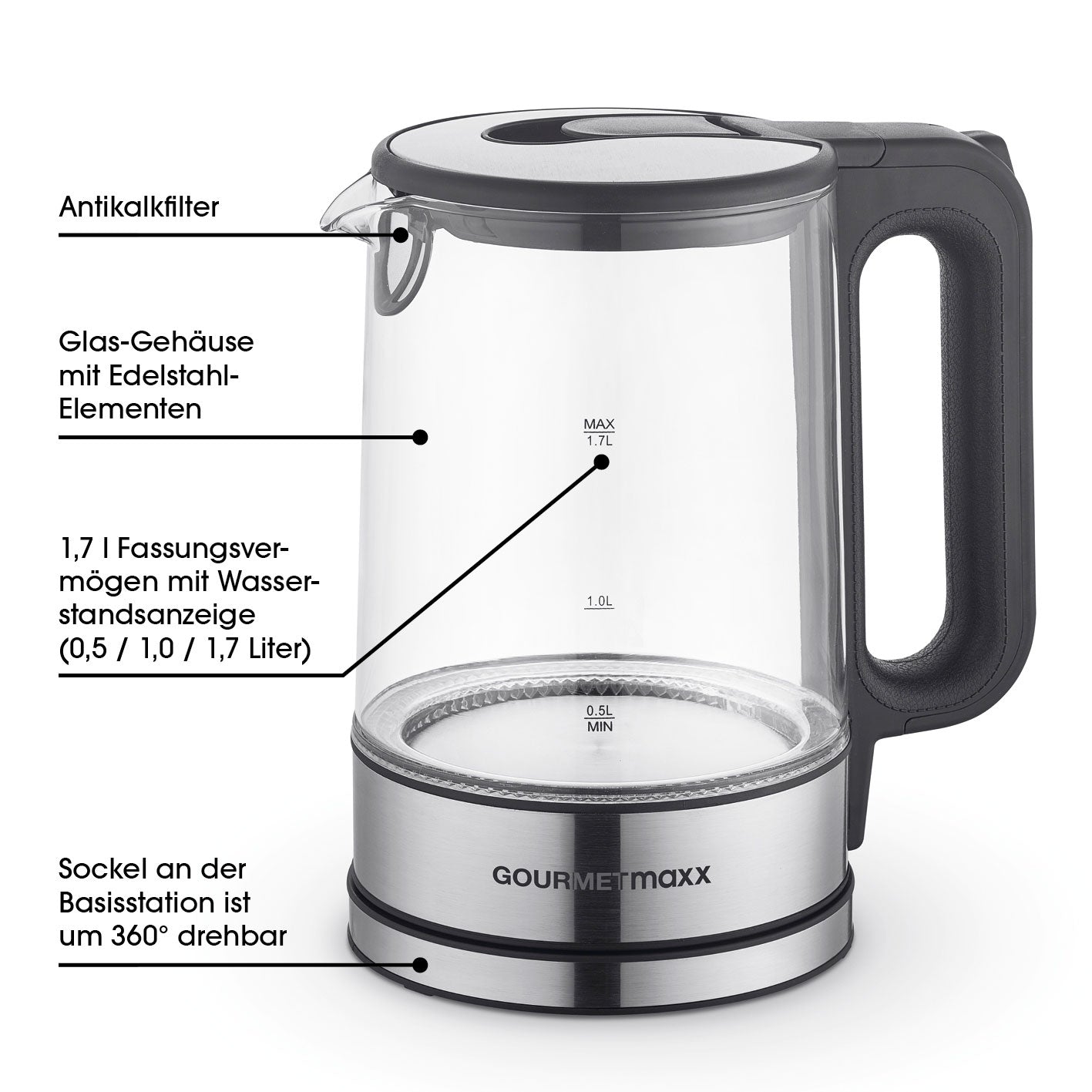Glas-Wasserkocher LED 1,7l Edelstahl/schwarz mit Wasserstandsanzeige, Antikalkfilter, 360° drehbarem Sockel und Edelstahl-Elementen.