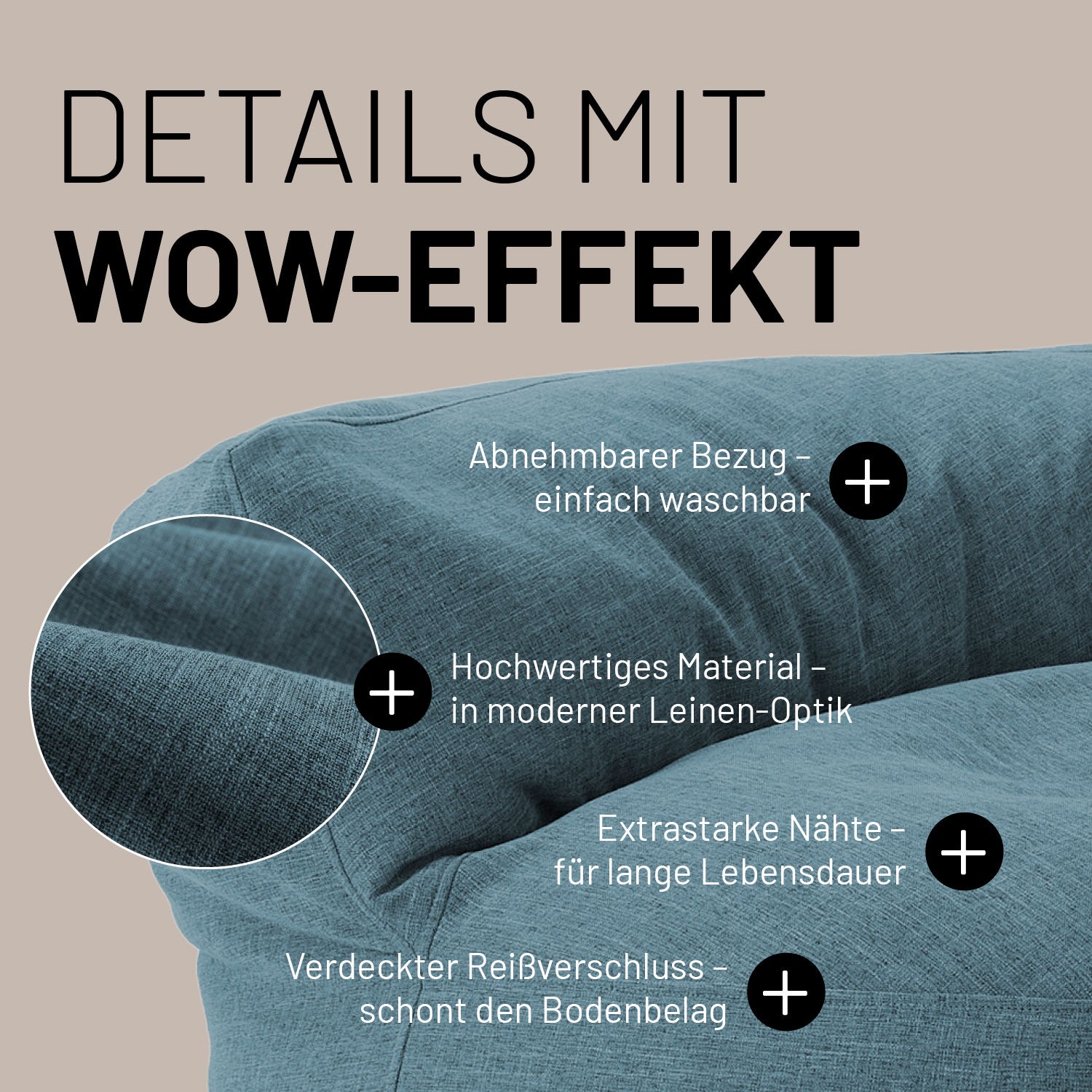 Interior Line Sitzsack-Lounge (320 L) Aquamarin mit abnehmbarem, waschbarem Bezug und hochwertigem, leinenartigem Material.