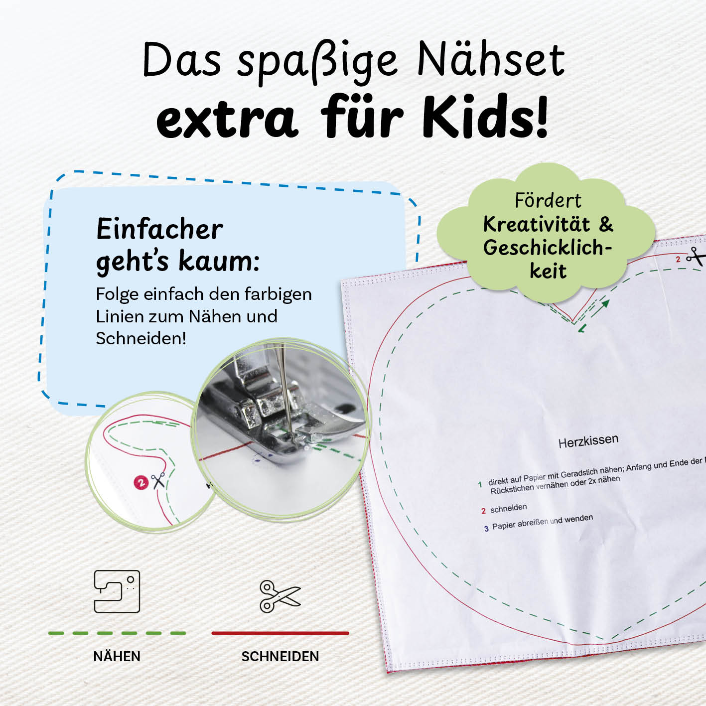 Näh-Baukastenset Motiv Herz Liebling zeigt kindgerechtes Nähen und Schneiden mit farbigen Linien für kreative Kinder ab 5 Jahren.