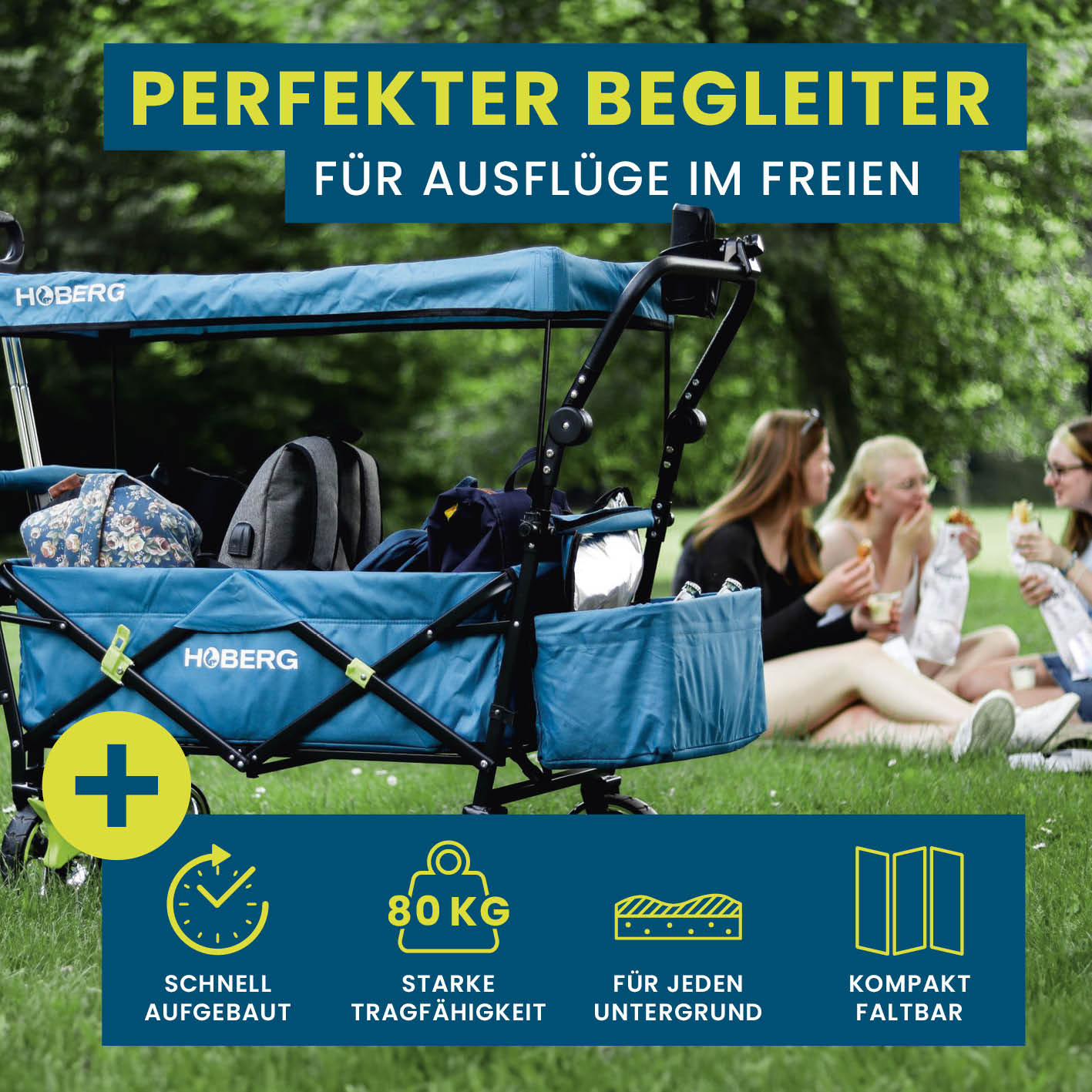 Faltbarer Bollerwagen - Blau mit robustem Nylonbezug, 80 kg Traglast, wasserfestem Dach und praktischer Faltfunktion von HOBERG.