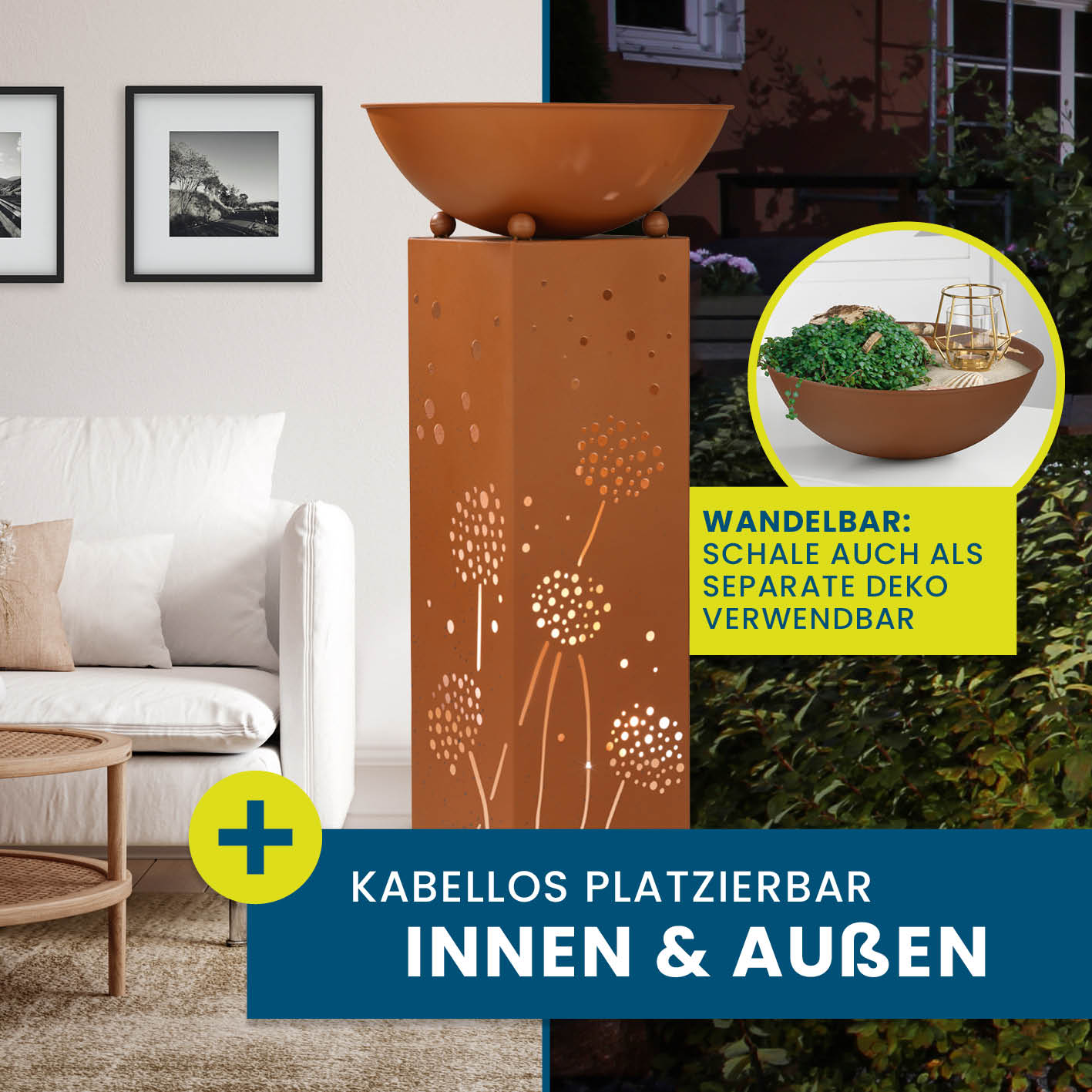 LED Pflanzsäule in Rost-Optik 19x19x72 cm mit Pusteblumen-Design, abnehmbarer Pflanzschale, LED-Beleuchtung, kabellos innen und außen.