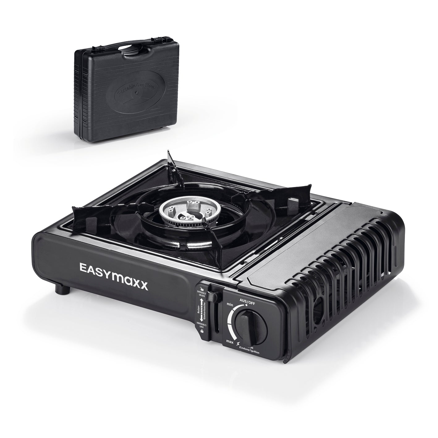 Gaskocher tragbar 2500W - Schwarz mit stabilem Metallgehäuse, stufenloser Regulierung und automatischer Piezozündung, inklusive Transportkoffer.