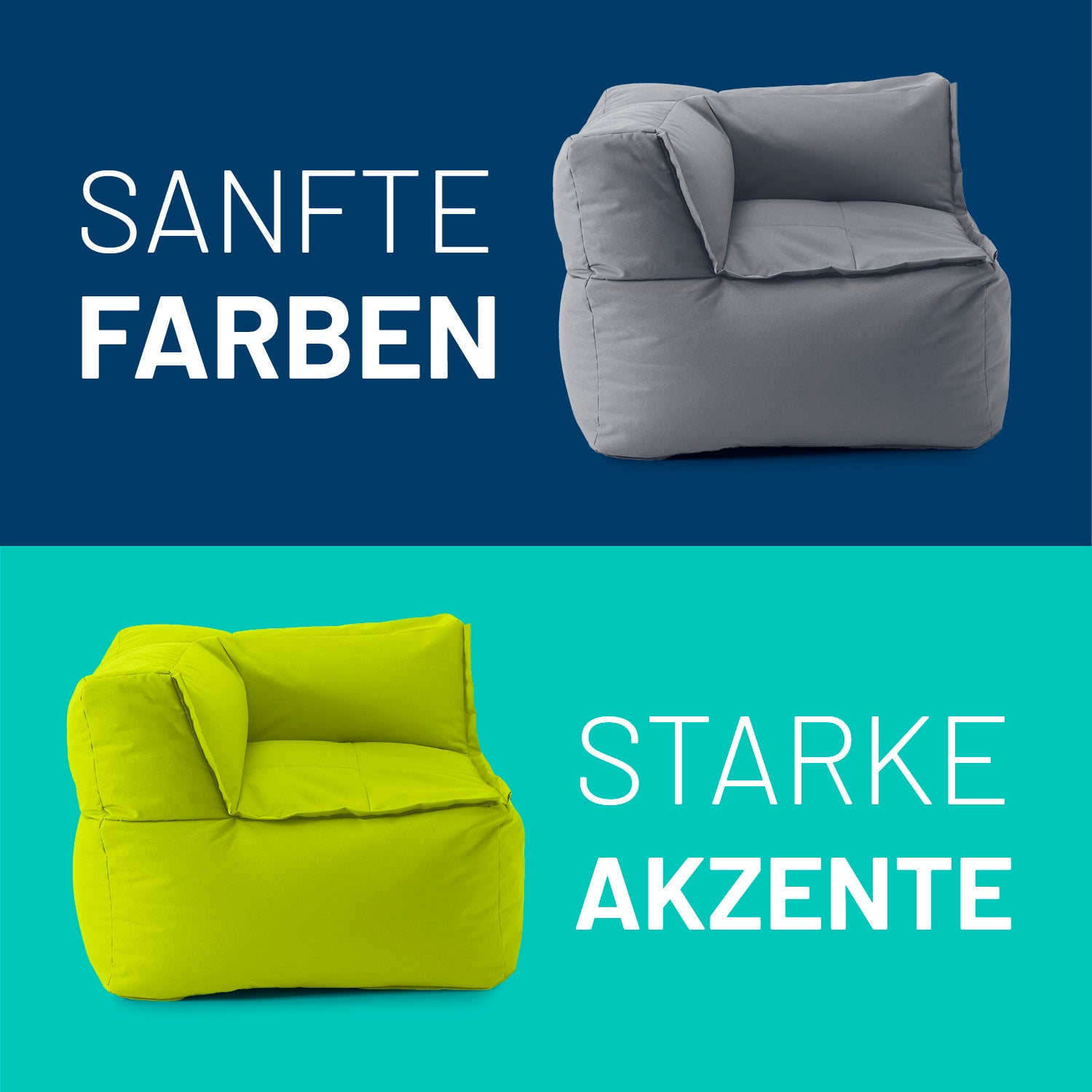 Sitzsack-Sofa Ecke (340 L) in Apfelgrün, modular, indoor & outdoor, mit extrastarkem, pflegeleichtem Bezug.