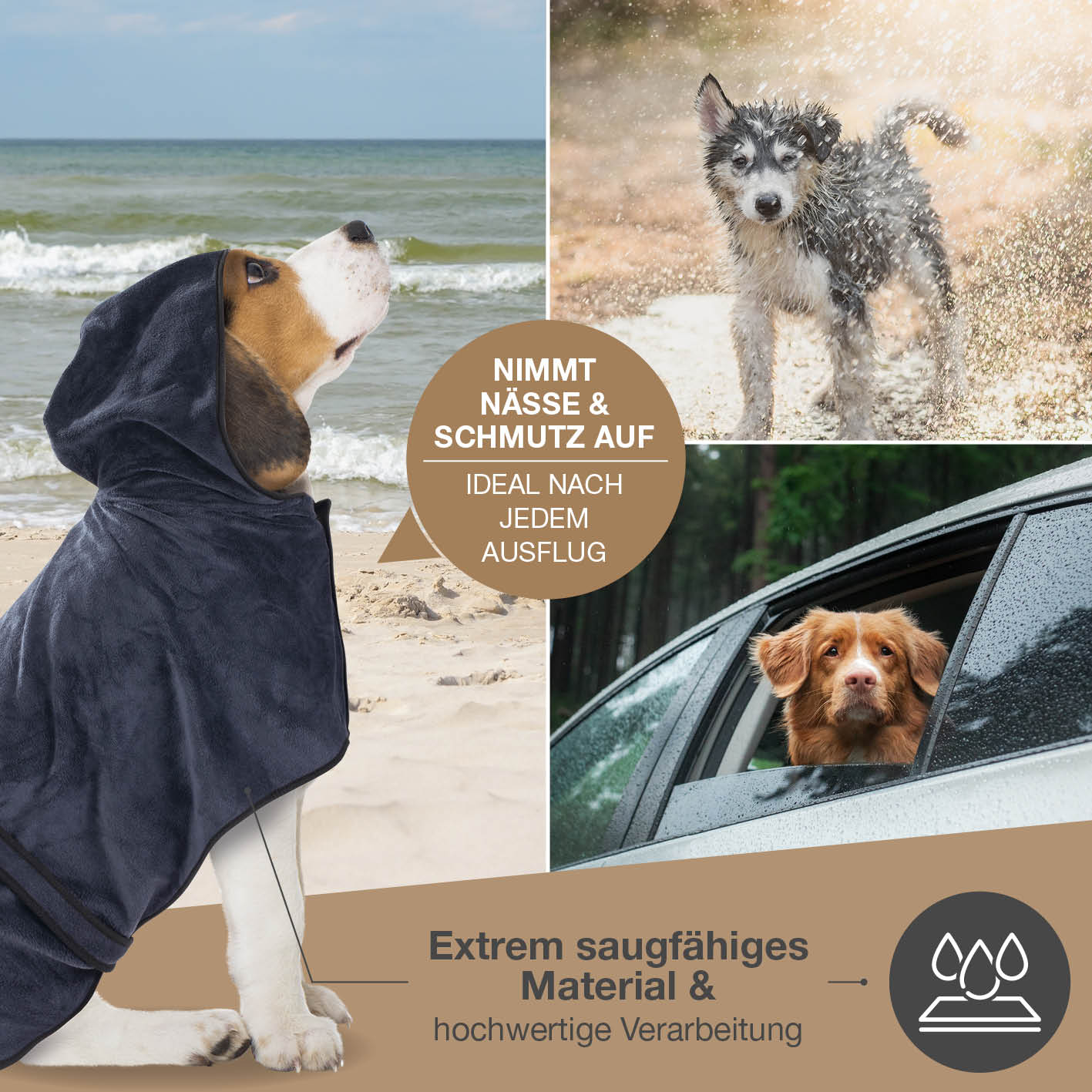 Hundebademantel - Größe M - beige/blau saugfähig, schnelltrocknend, mit Kapuze, ideal für mittlere Hunde und vielseitig einsetzbar.