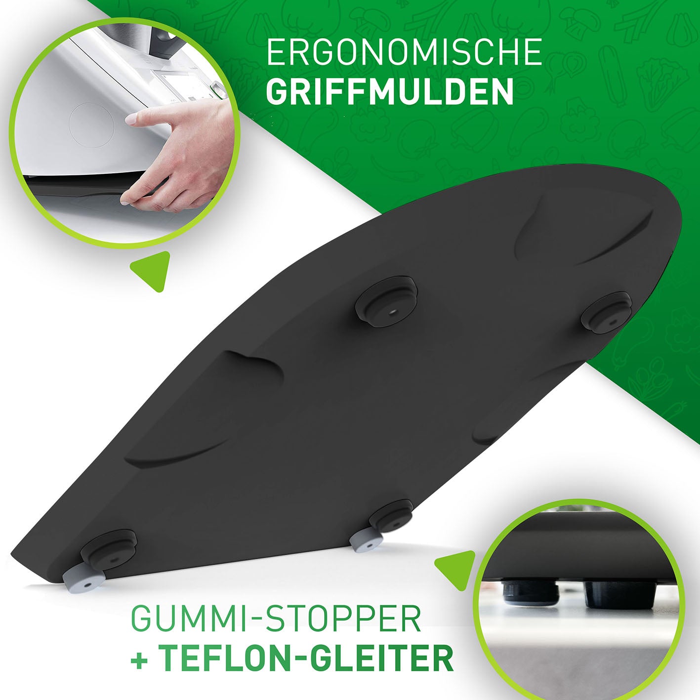 Gleitbrett für Thermomix - Schwarz mit ergonomischen Griffmulden, Gummi-Stoppern und Teflon-Gleitern für leichtes Verschieben.