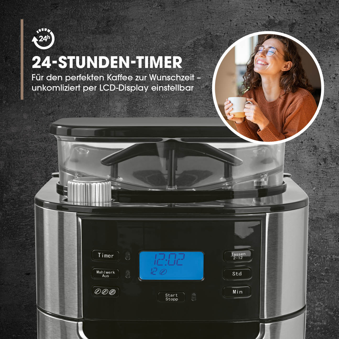 Kaffeemaschine mit Mahlwerk mit Isolierkanne - 1000 Watt - Edelstahl/schwarz mit digitalem LCD-Display und 24-Stunden-Timer.